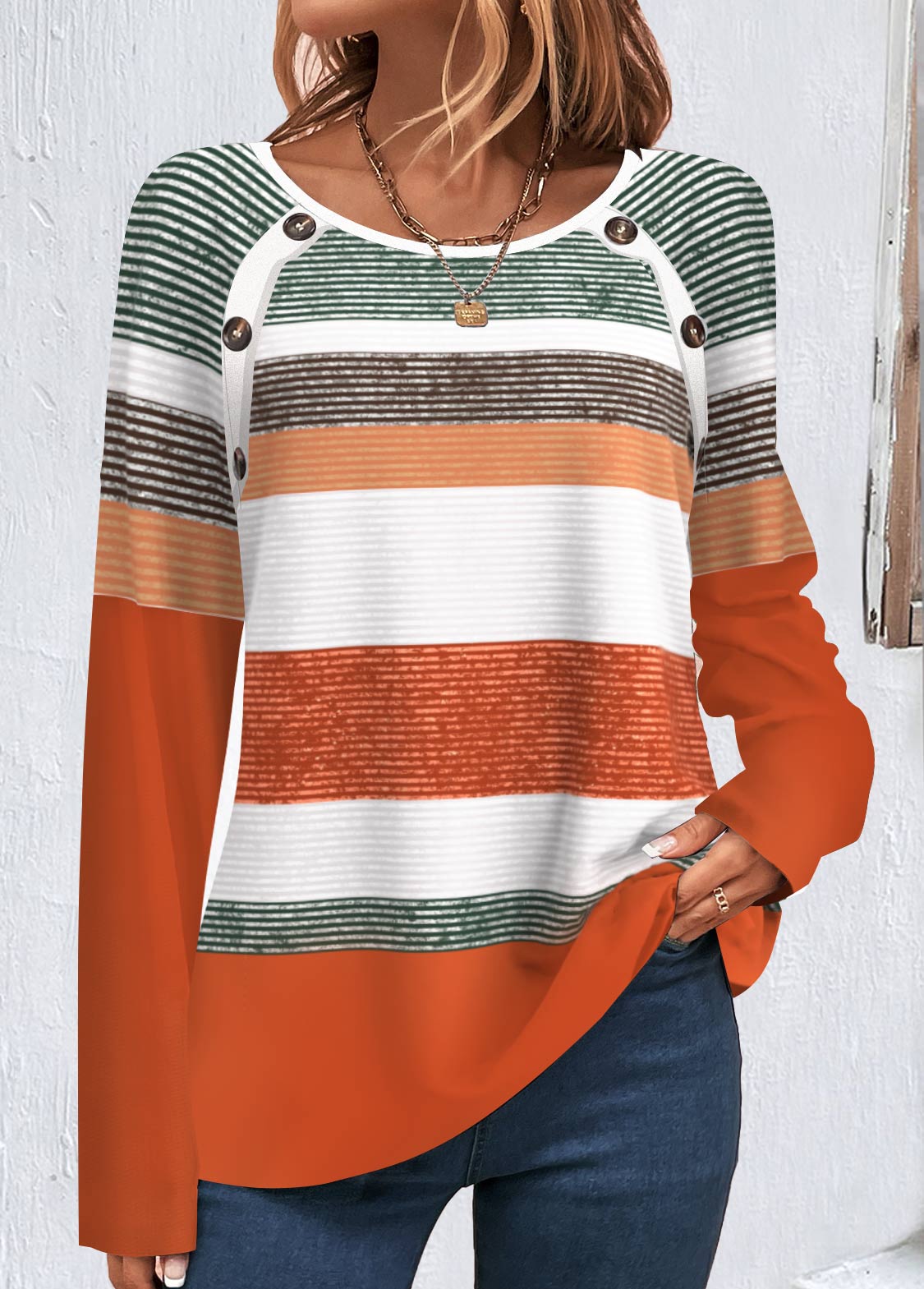 ROTITA Button Multi Stripe Print Orange T Shirt