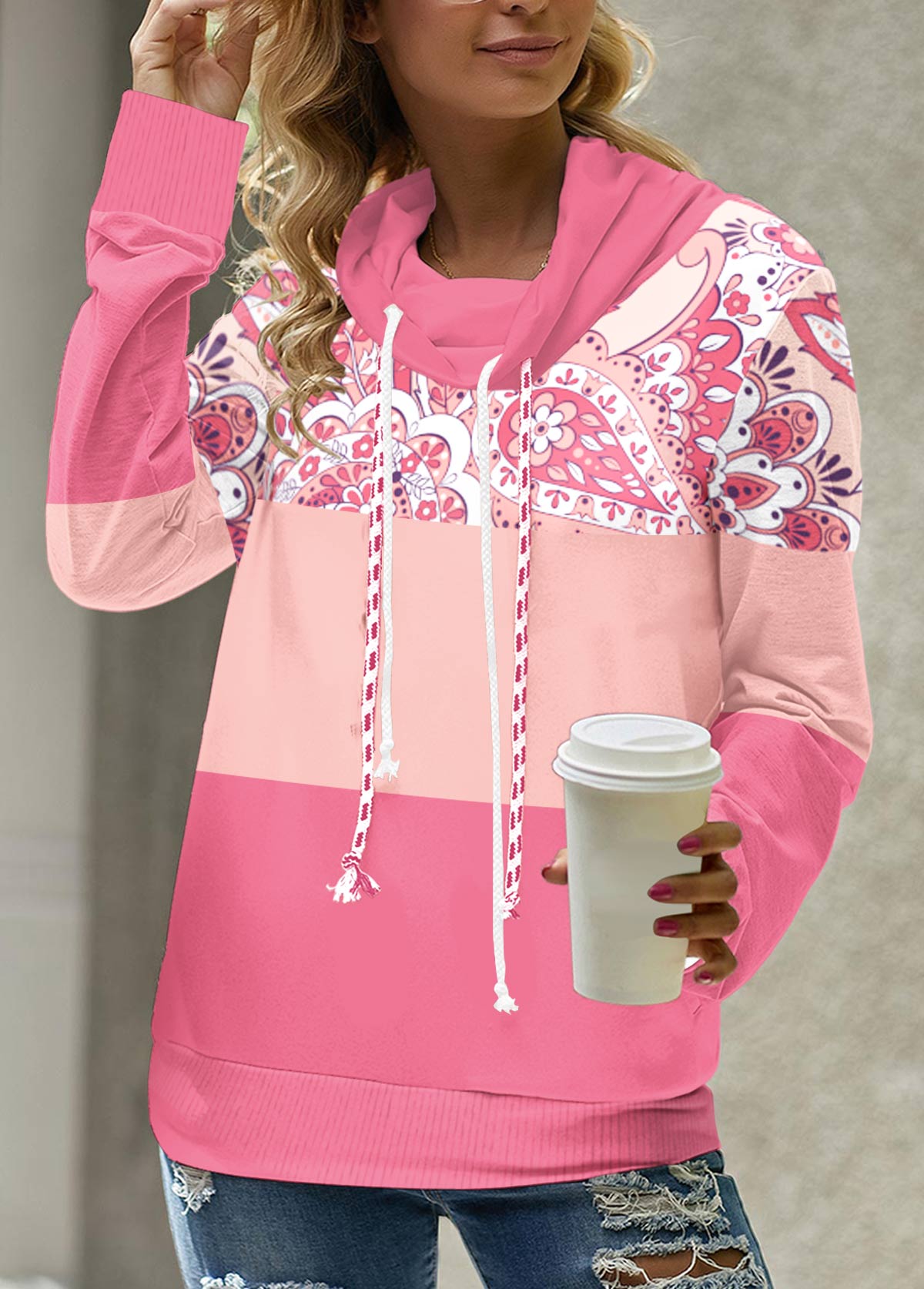 Pink tops,Paisley tops,Floral tops,Plants tops,ROTITA Patchwork Tribal Print Pink Cowl Neck Sweatshirt