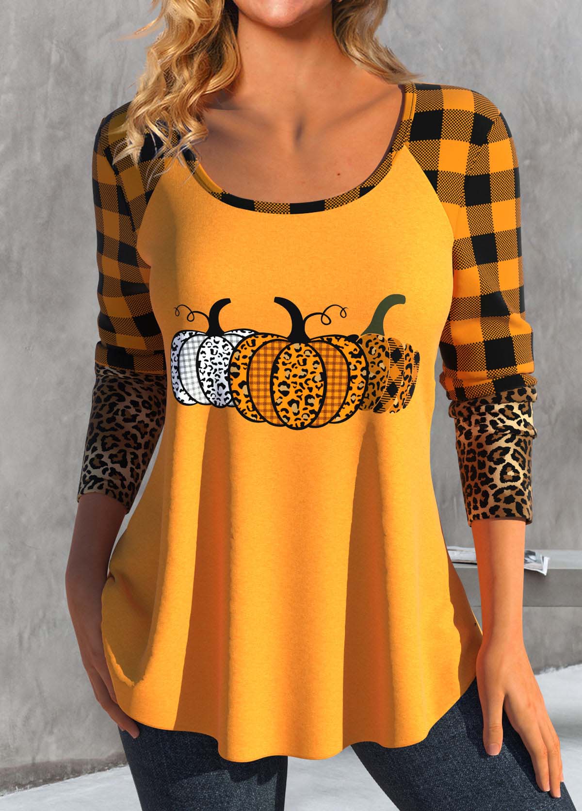 ROTITA Patchwork Halloween Print Orange Round Neck T Shirt