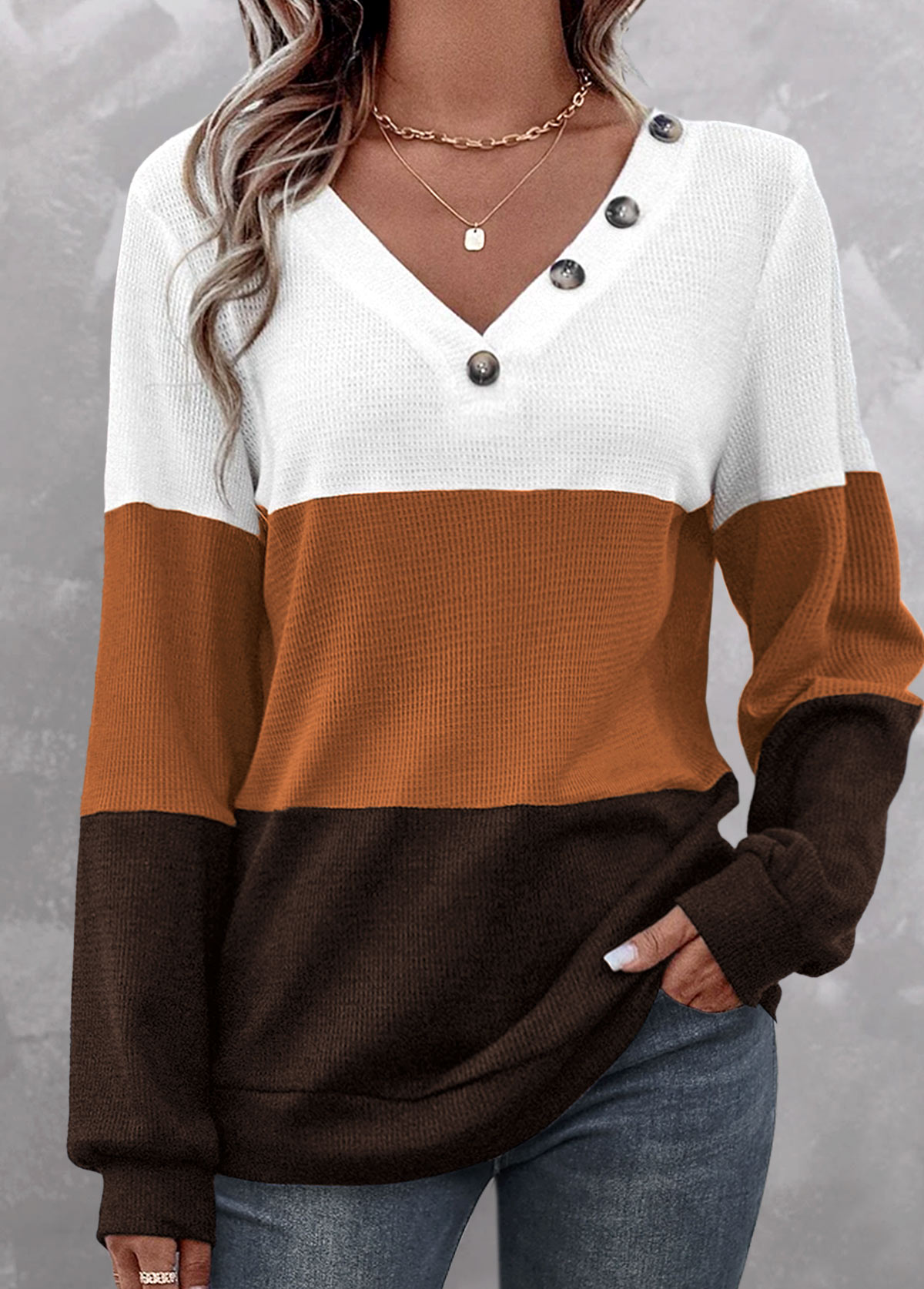 Dark Coffee tops,White tops,Contrast Color tops,ROTITA Patchwork Dark Coffee V Neck Long Sleeve Sweatshirt