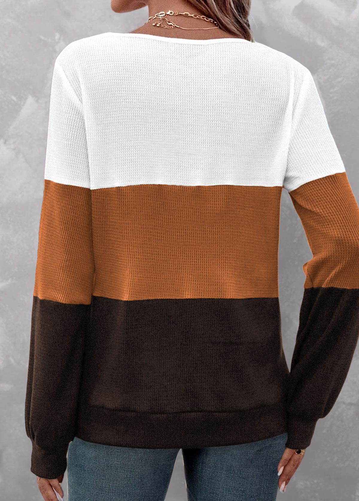 Dark Coffee tops,White tops,Contrast Color tops,ROTITA Patchwork Dark Coffee V Neck Long Sleeve Sweatshirt