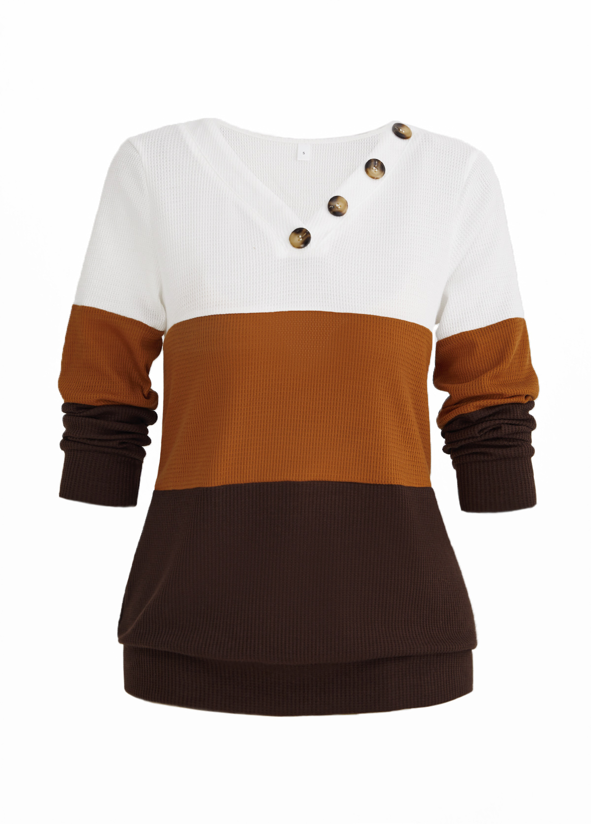 Dark Coffee tops,White tops,Contrast Color tops,ROTITA Patchwork Dark Coffee V Neck Long Sleeve Sweatshirt