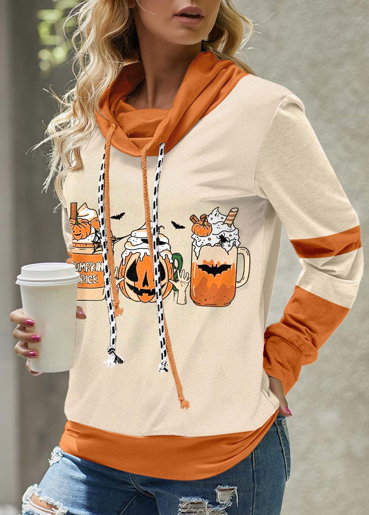 ROTITA Patchwork Halloween Print Light Camel Cowl Neck Sweatshirt