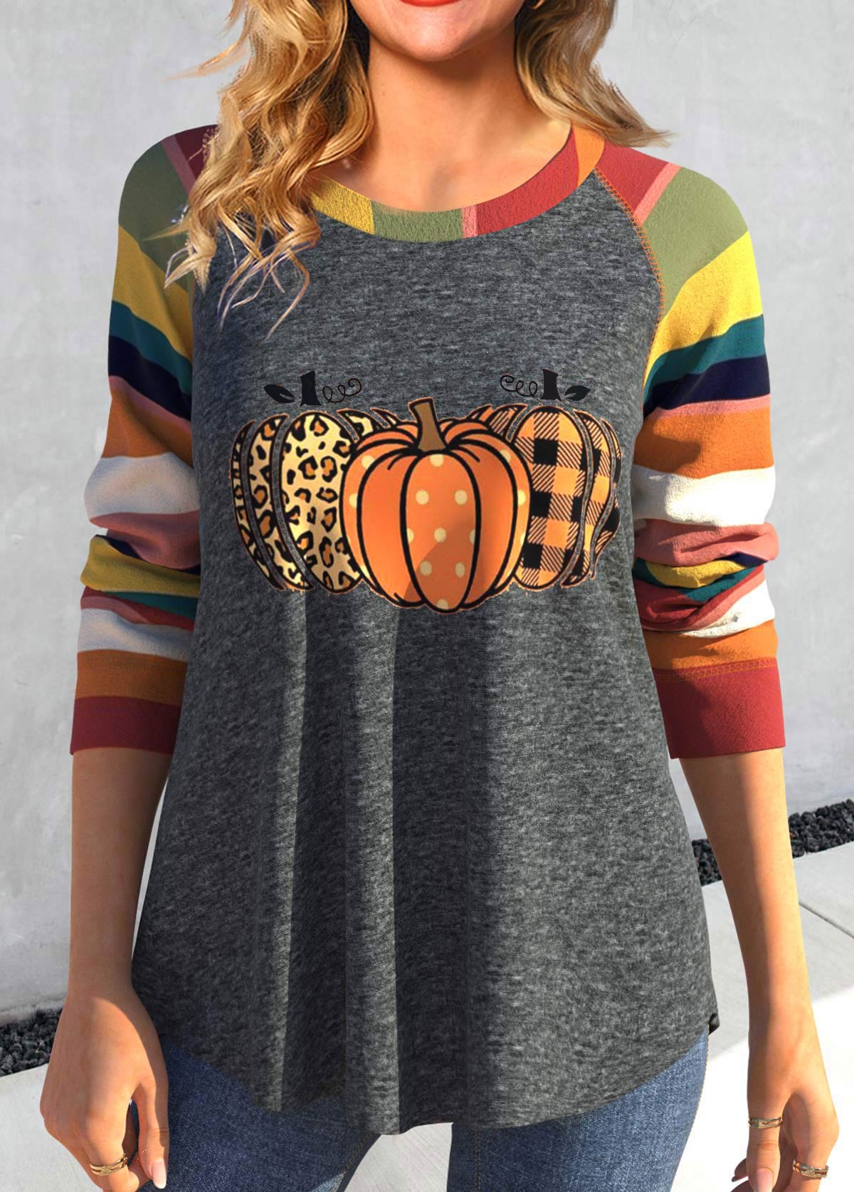 ROTITA Halloween Patchwork Multi Stripe Print Round Neck T Shirt