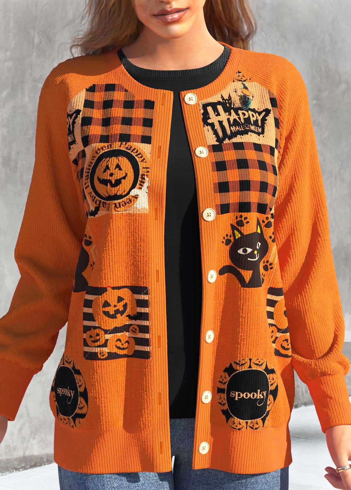 manteau col rond orange imprimé halloween bouton rotita