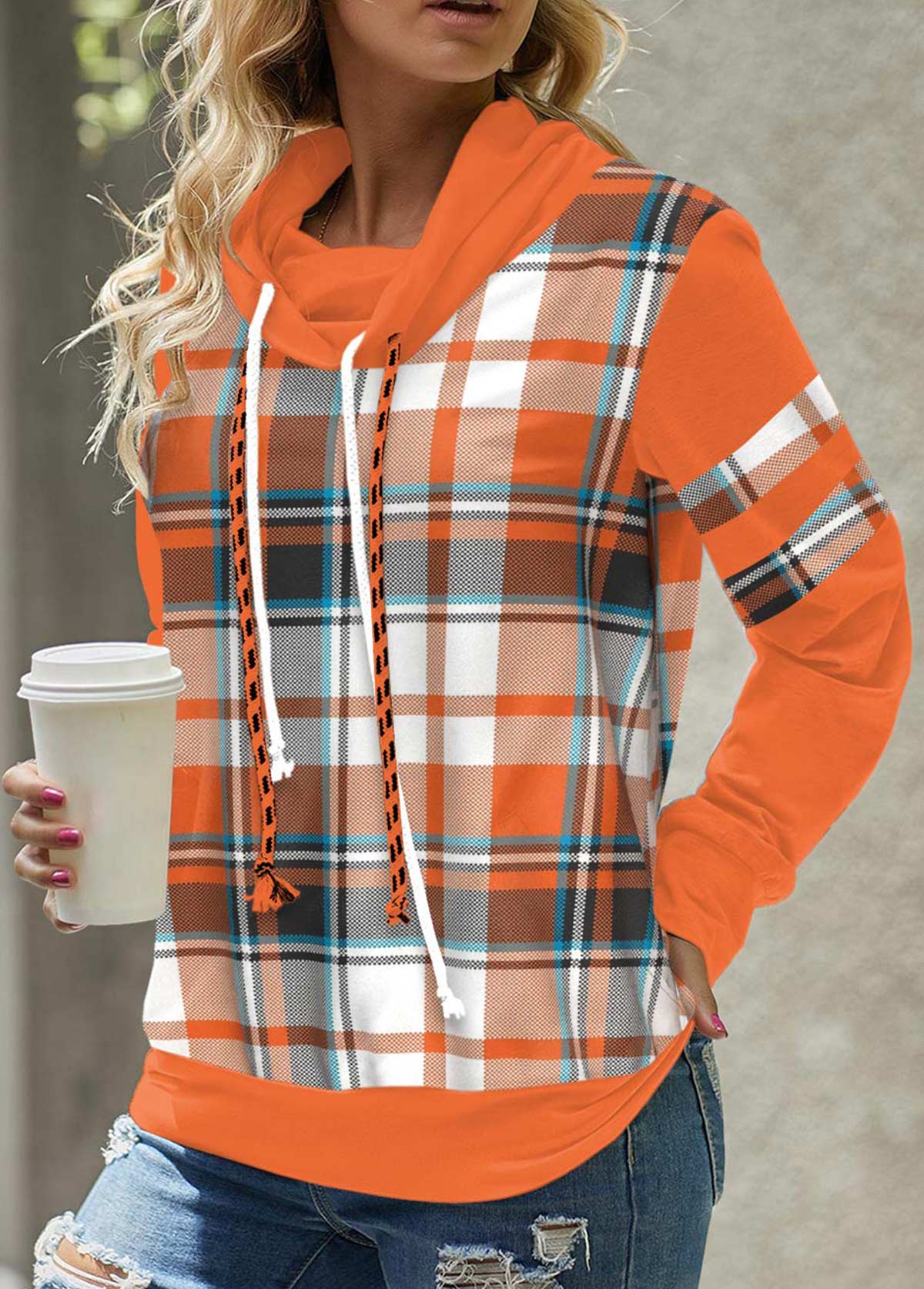 ROTITA Patchwork Plaid Orange Cowl Neck Long Sleeve Sweatshirt