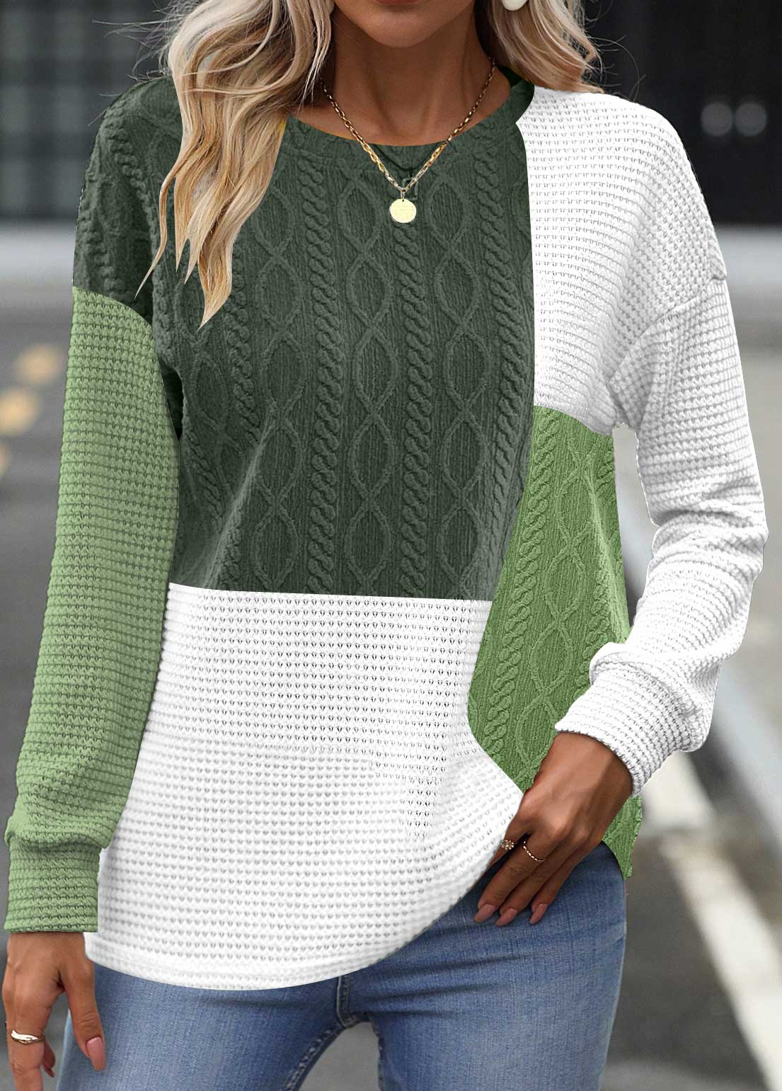 ROTITA Patchwork Blackish Green Round Neck Long Sleeve Sweatshirt