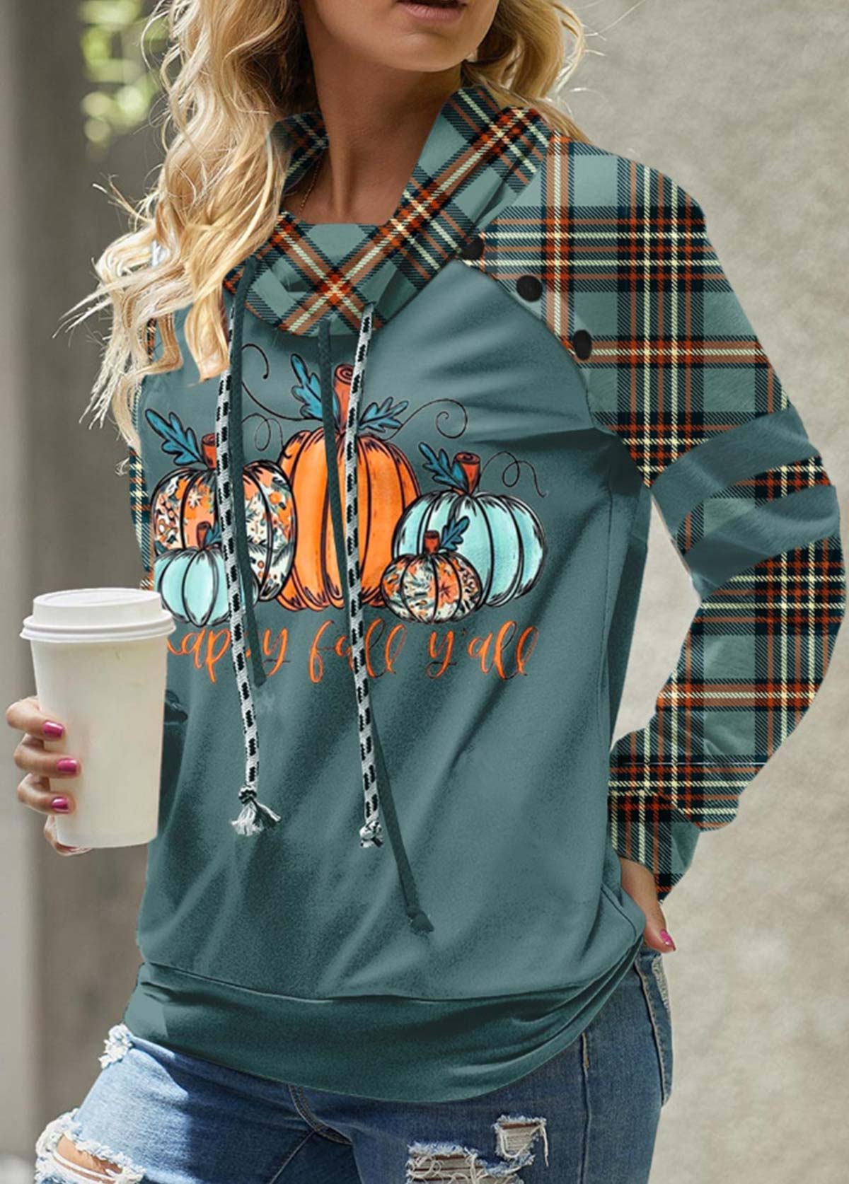 ROTITA Patchwork Plaid Turquoise Cowl Neck Long Sleeve Sweatshirt