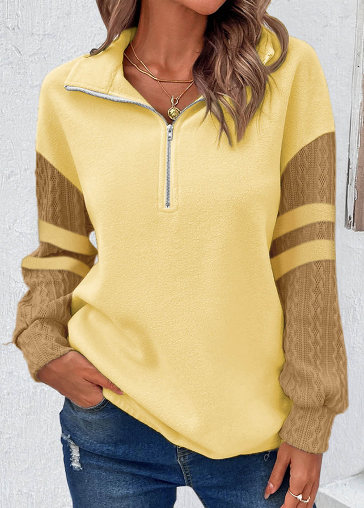 ROTITA Zipper Light Yellow Turn Down Collar Sweatshirt