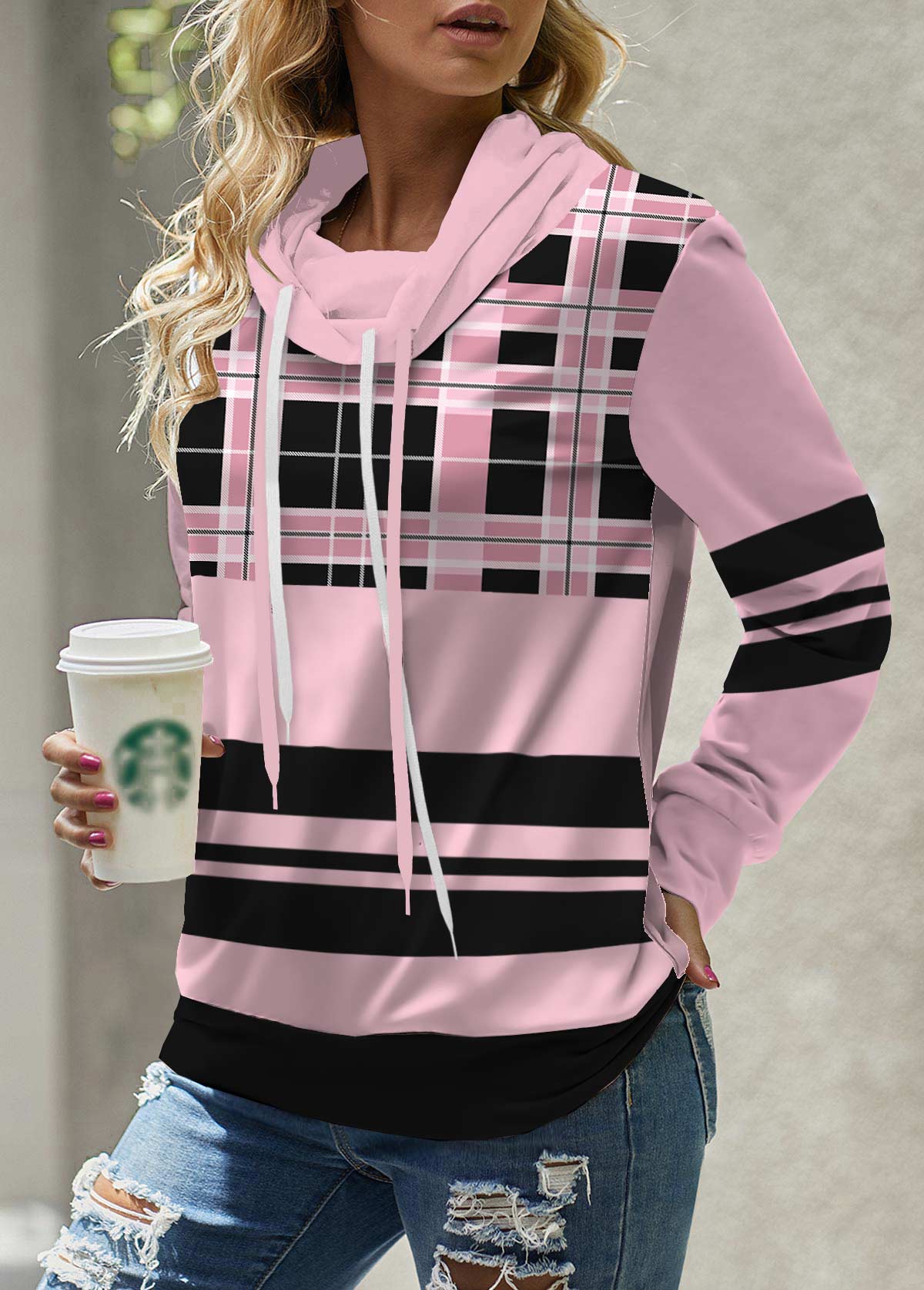 ROTITA Patchwork Plaid Pink Cowl Neck Long Sleeve Sweatshirt