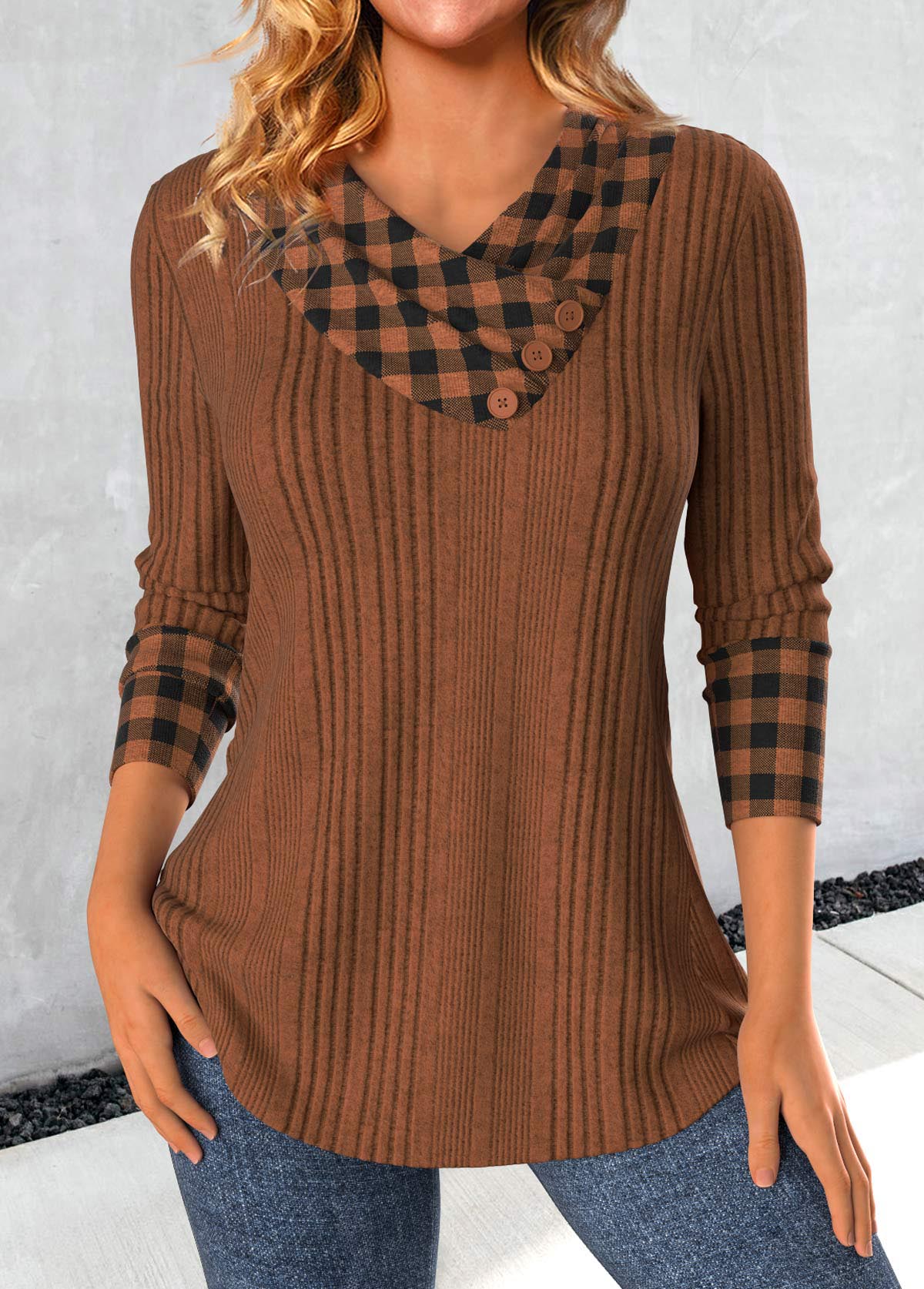 ROTITA Patchwork Plaid Light Coffee Asymmetrical Neck Sweatshirt