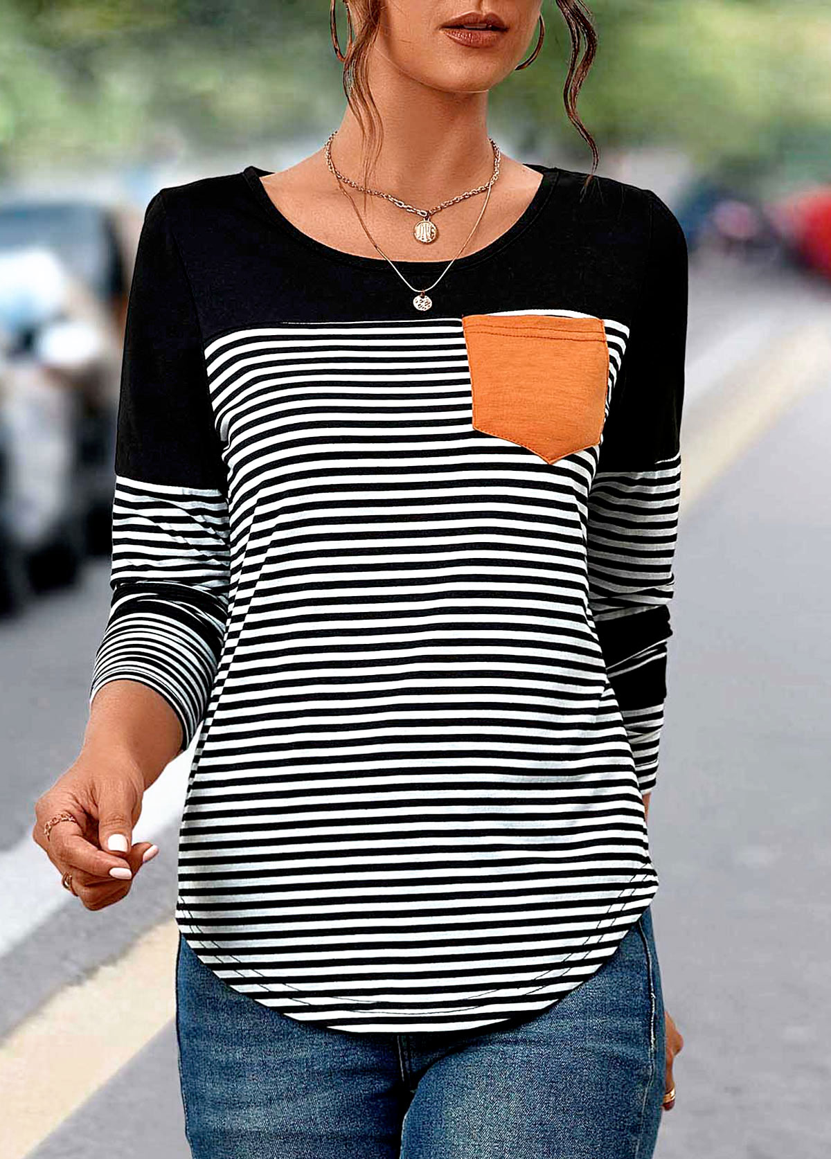 Patchwork Striped Black Round Neck Long Sleeve T Shirt