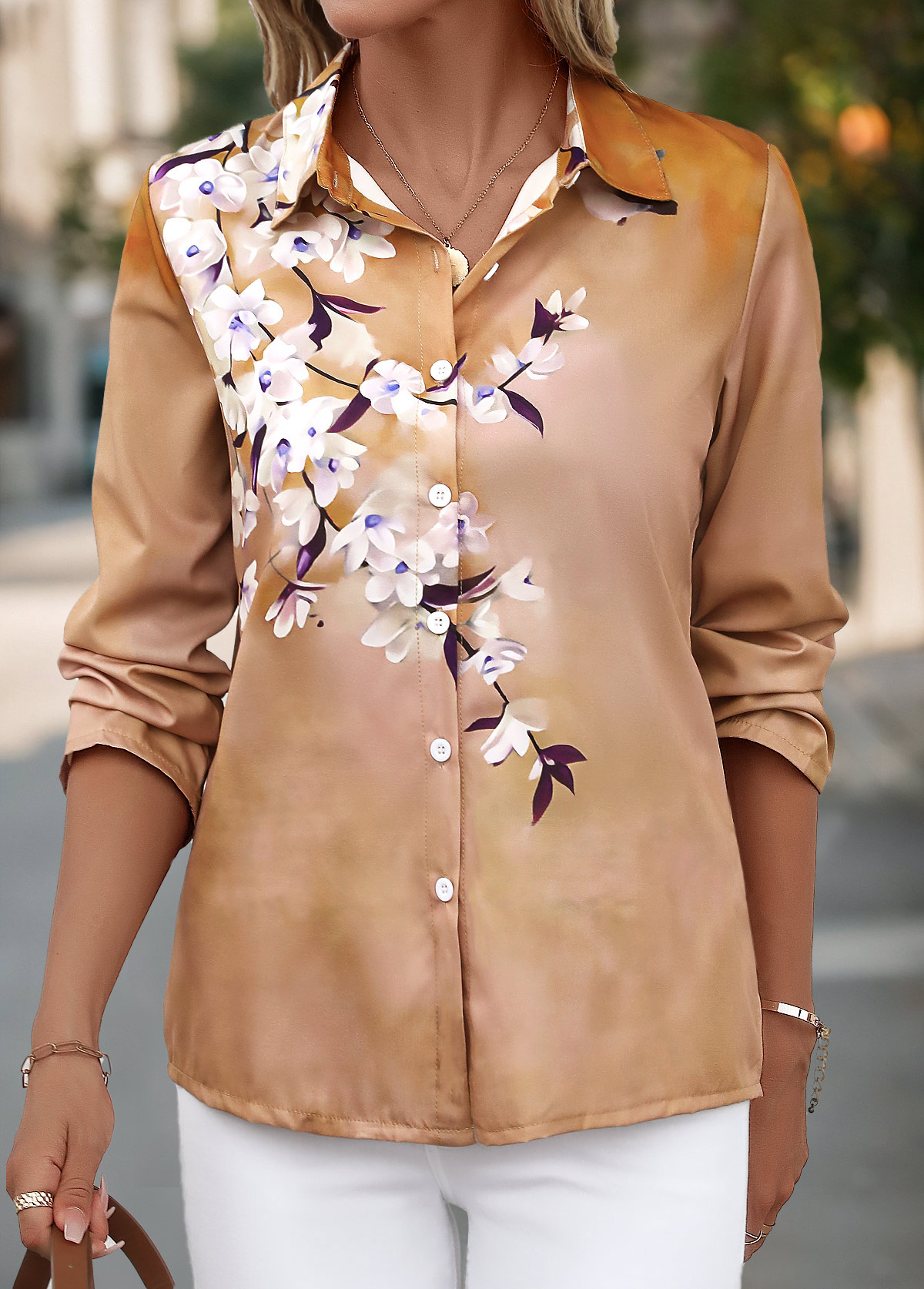 Button Floral Print Light Coffee Shirt Collar Blouse