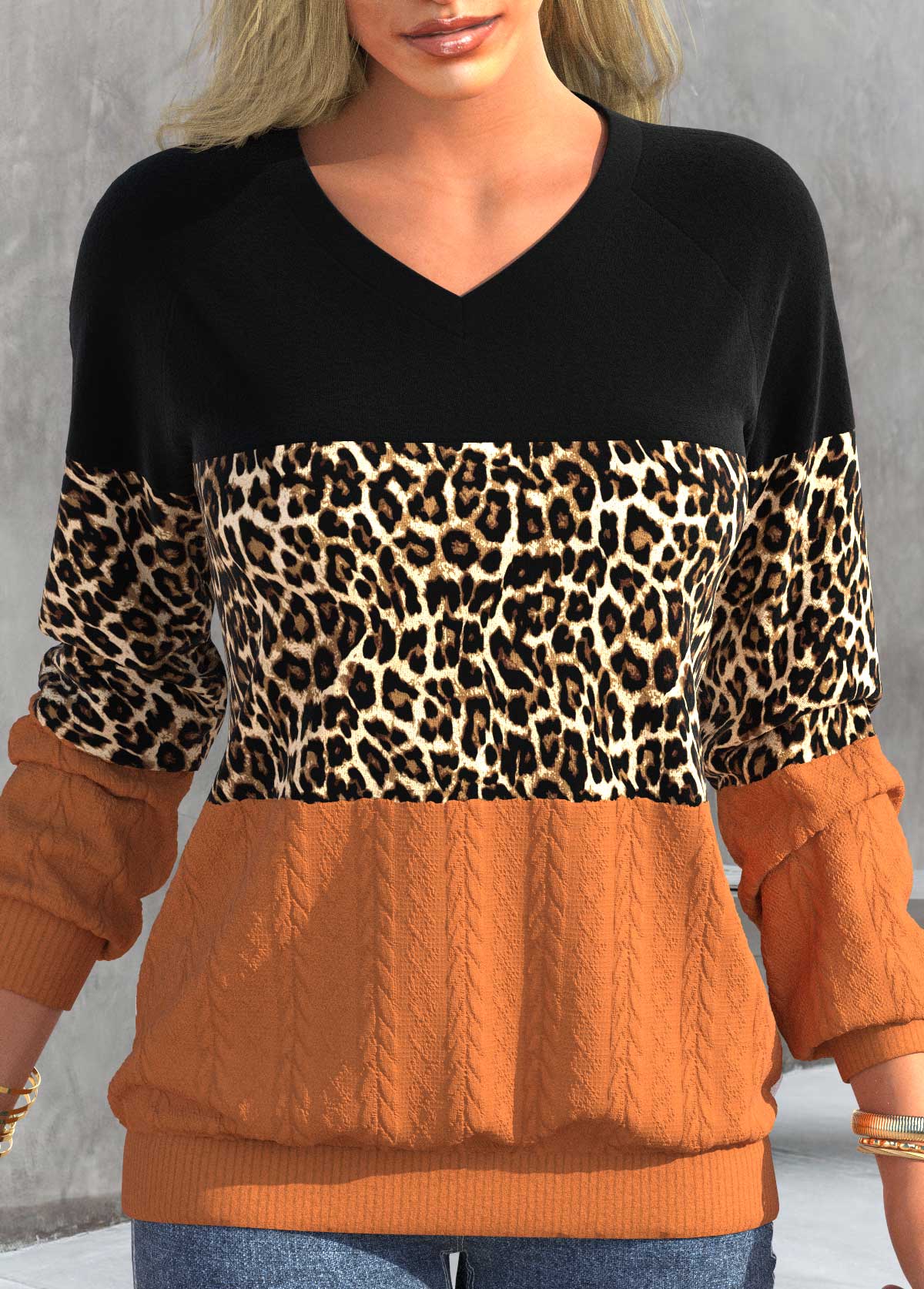 ROTITA Patchwork Leopard Black V Neck Long Sleeve Sweatshirt