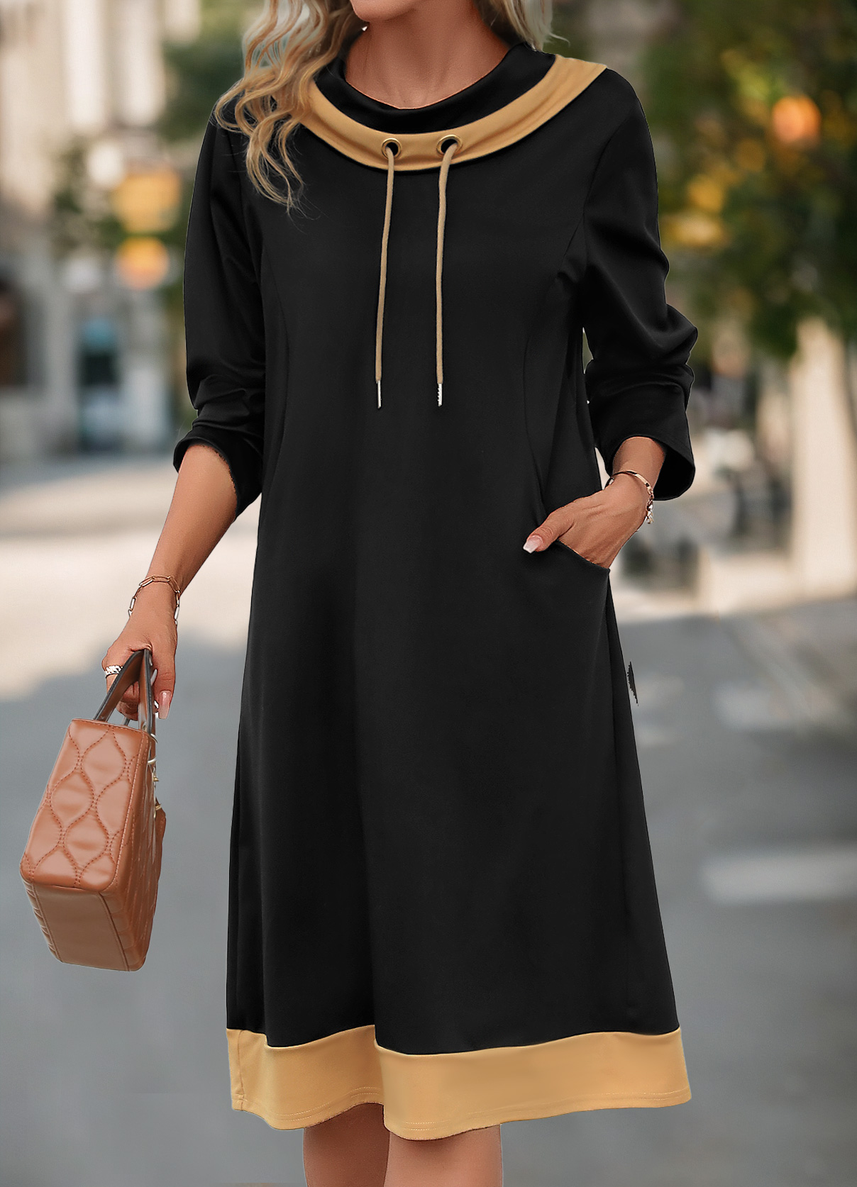 Pocket Black Cowl Neck Long Sleeve Shift Dress