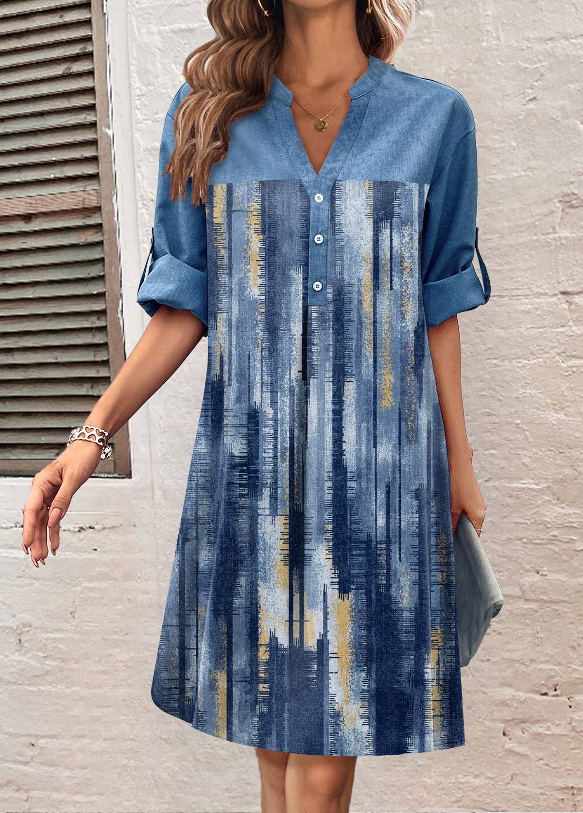 ROTITA Button Denim-effect Print Denim Blue Dress