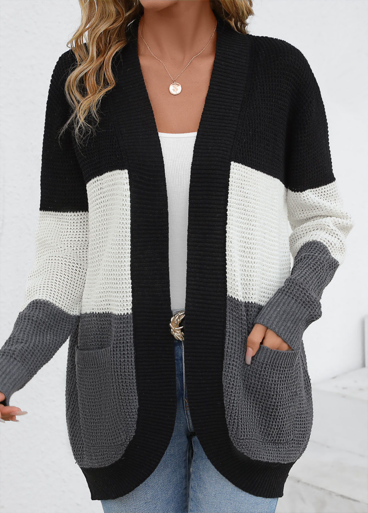 Pocket Striped Black Long Sleeve Cardigan