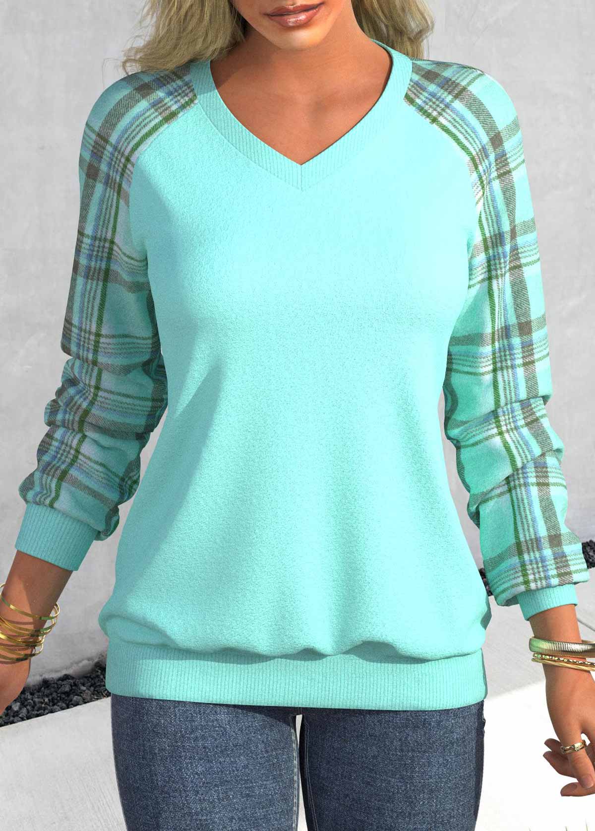 ROTITA Patchwork Plaid Cyan V Neck Long Sleeve Sweatshirt