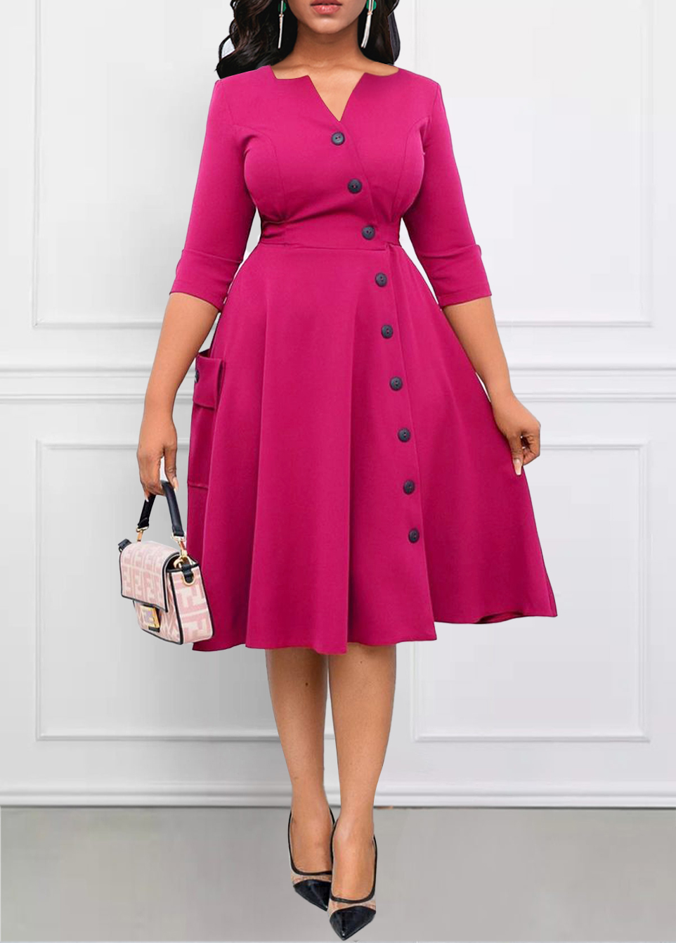 Hot Pink dresses,Plain Color dresses,Party dresses,Elegant dresses,ROTITA Breathable Hot Pink Split Neck Dress