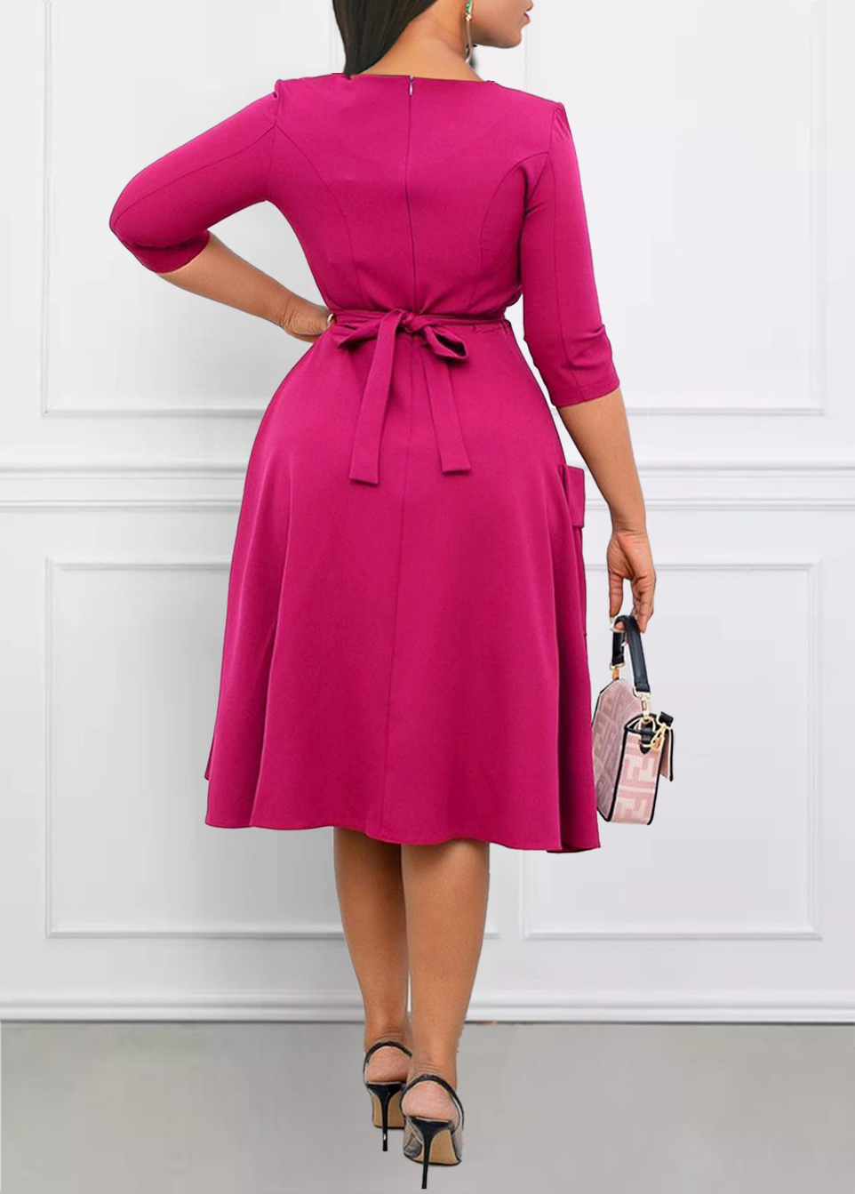 Hot Pink dresses,Plain Color dresses,Party dresses,Elegant dresses,ROTITA Breathable Hot Pink Split Neck Dress