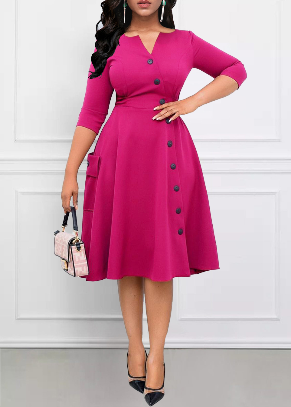 Hot Pink dresses,Plain Color dresses,Party dresses,Elegant dresses,ROTITA Breathable Hot Pink Split Neck Dress