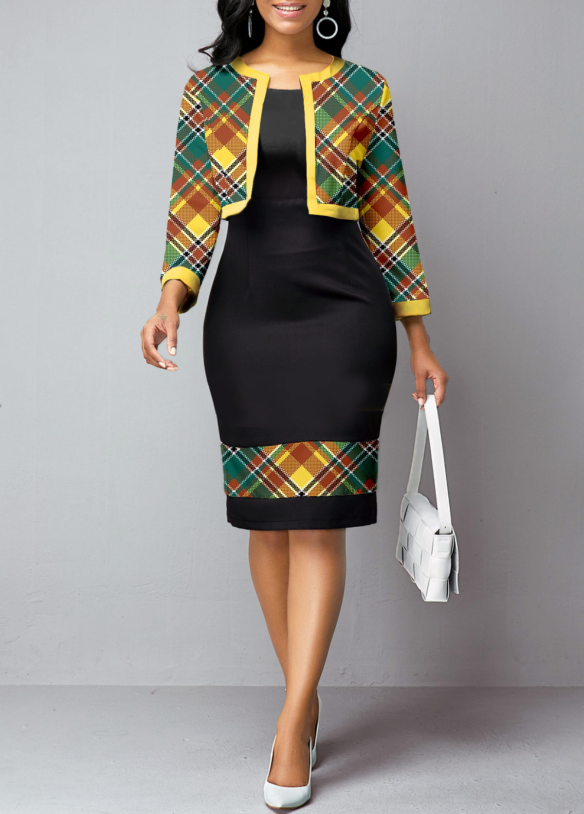 ROTITA Patchwork Plaid Black Two Piece Suit Dress and Cardigan