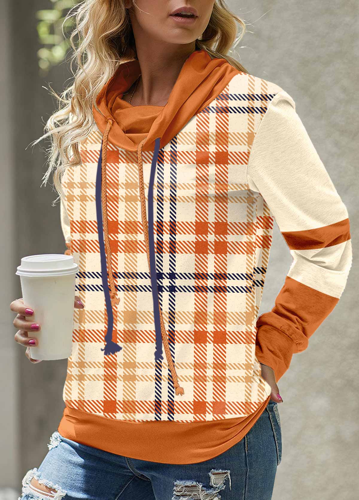 ROTITA Patchwork Plaid Orange Cowl Neck Long Sleeve Sweatshirt