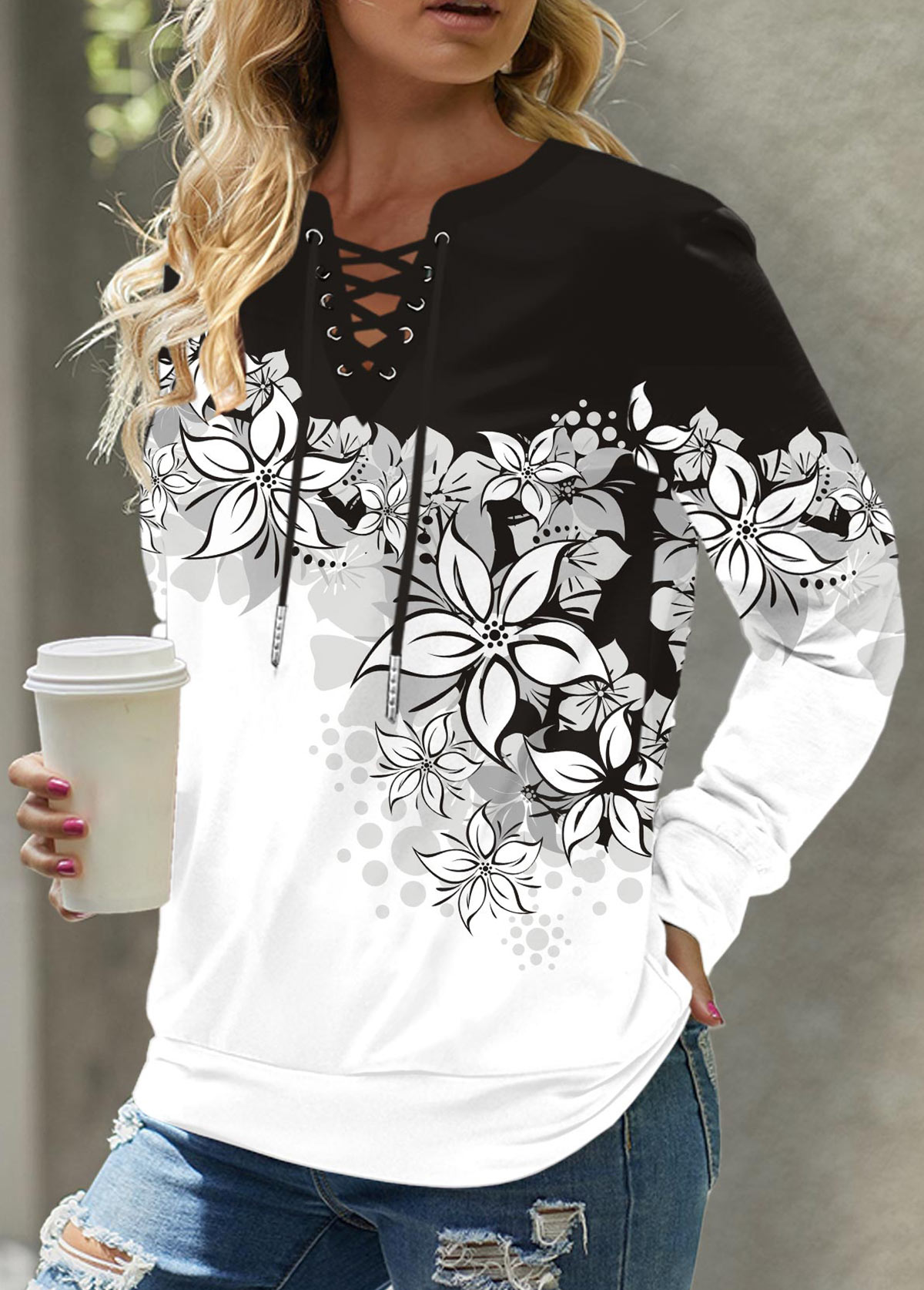 ROTITA Eyelet Floral Print Black Cowl Neck Long Sleeve Sweatshirt