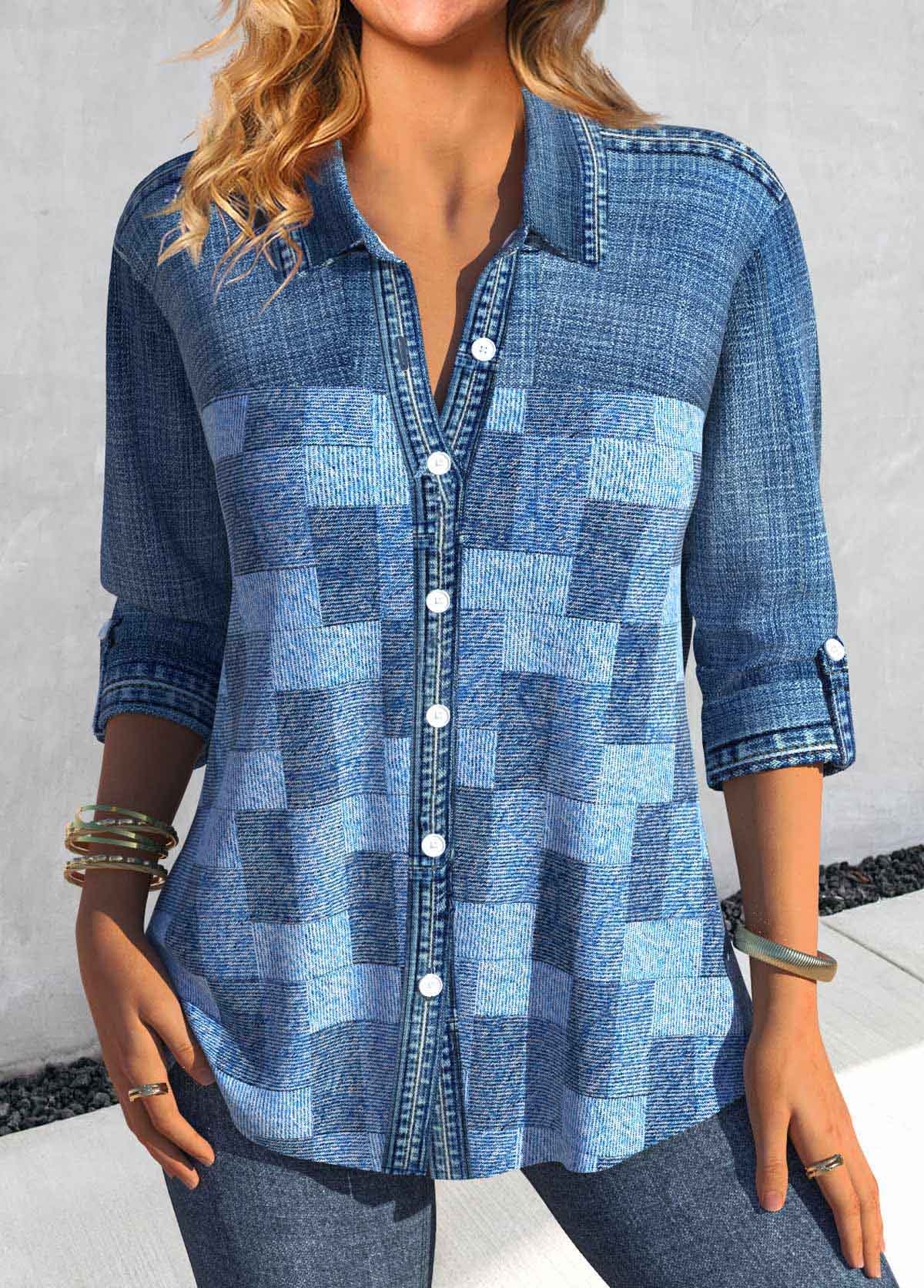 ROTITA Patchwork Denim-effect Print Denim Blue Shirt Collar Blouse
