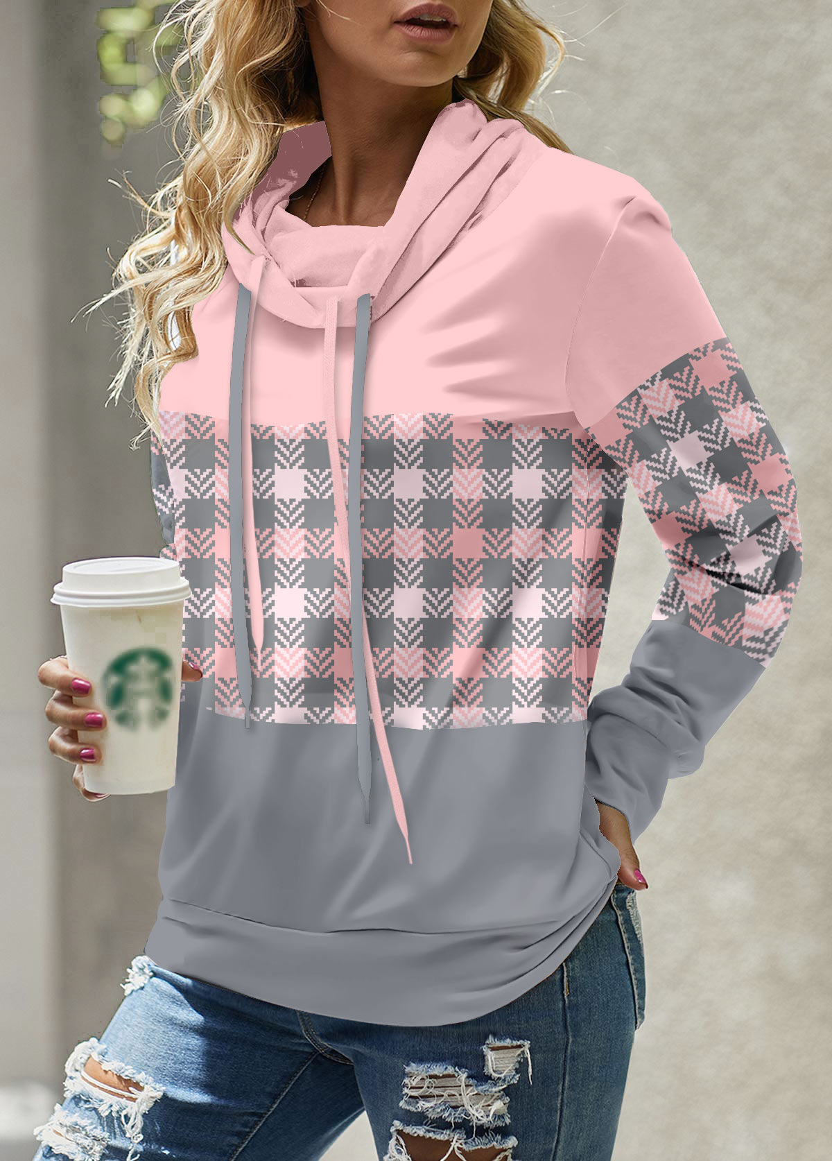 ROTITA Patchwork Plaid Light Pink Cowl Neck Long Sleeve Sweatshirt