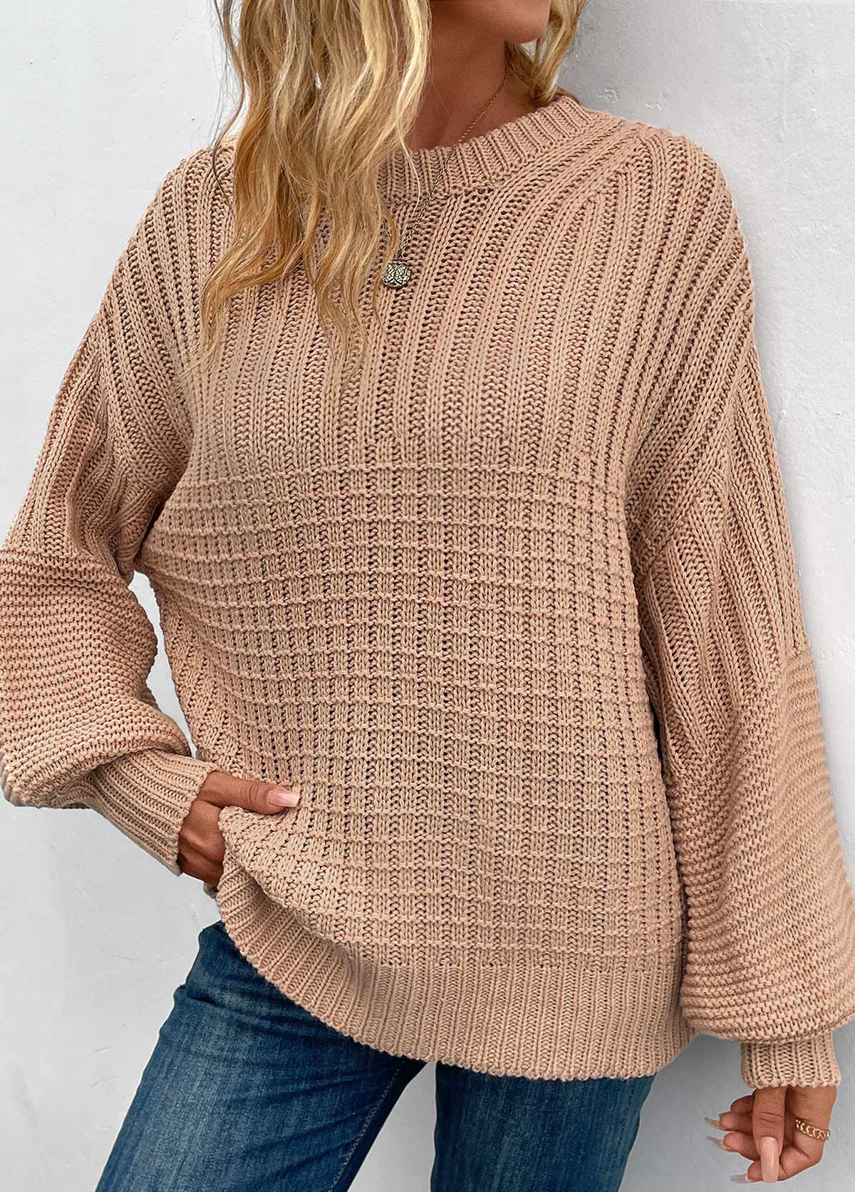 Rib Light Coffee Round Neck Long Sleeve Sweater