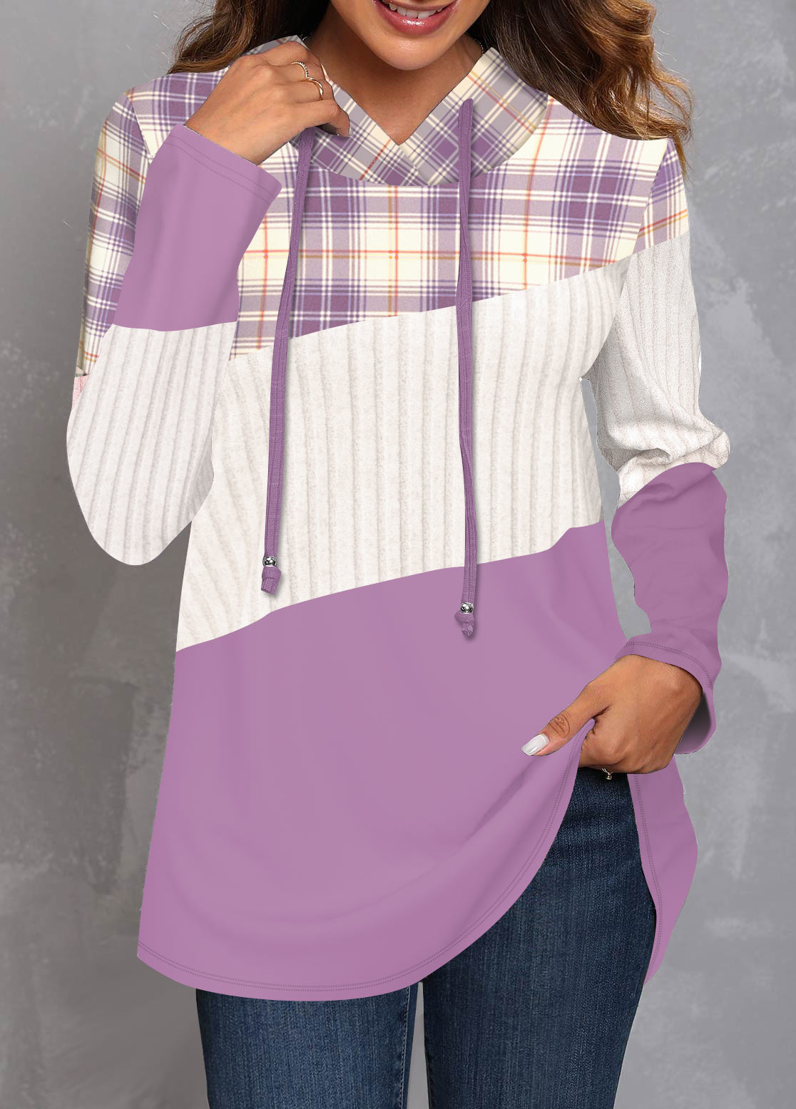 ROTITA Patchwork Plaid Purple Long Sleeve Hoodie