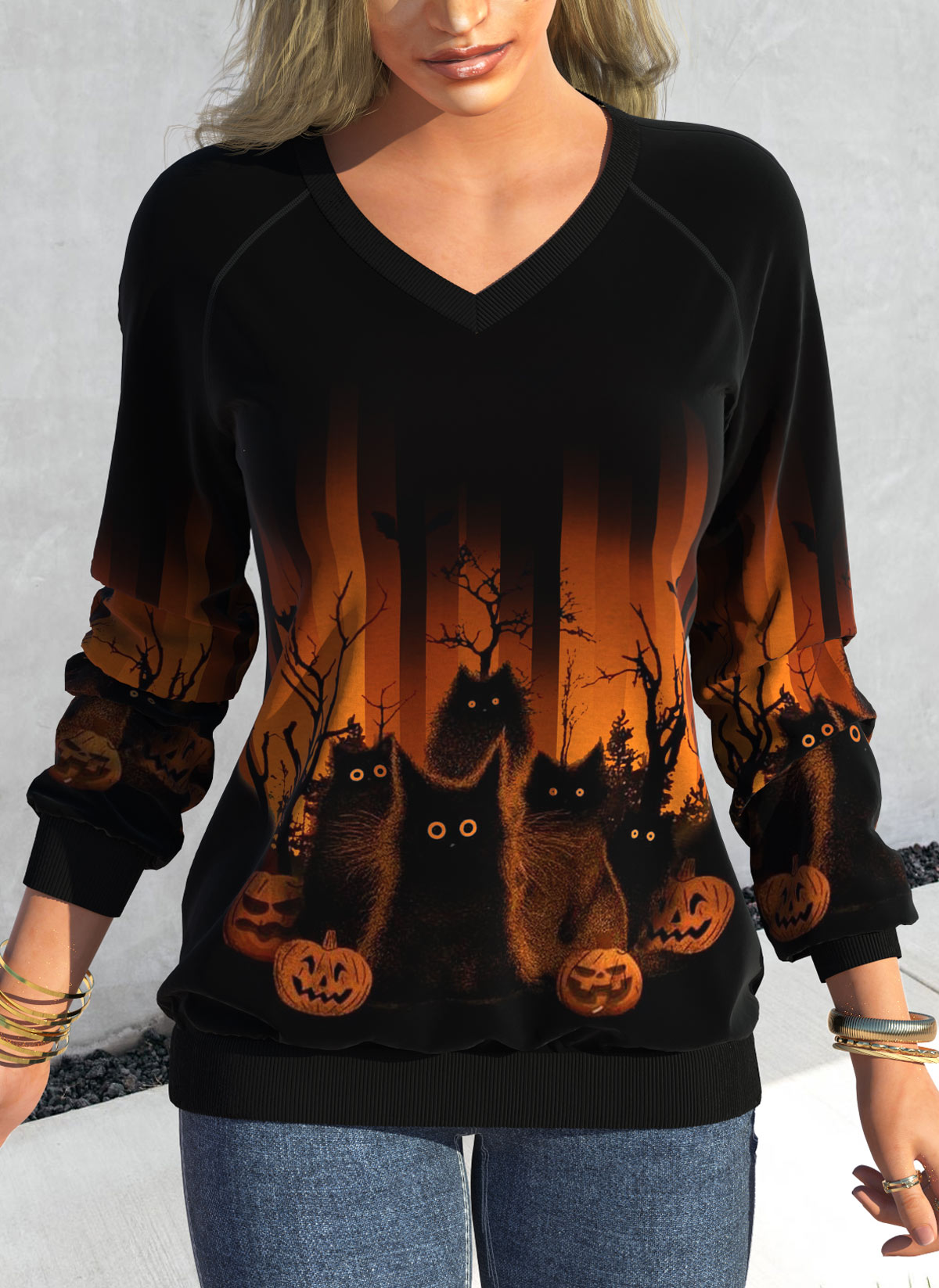 ROTITA Patchwork Halloween Print Black V Neck Long Sleeve Sweatshirt