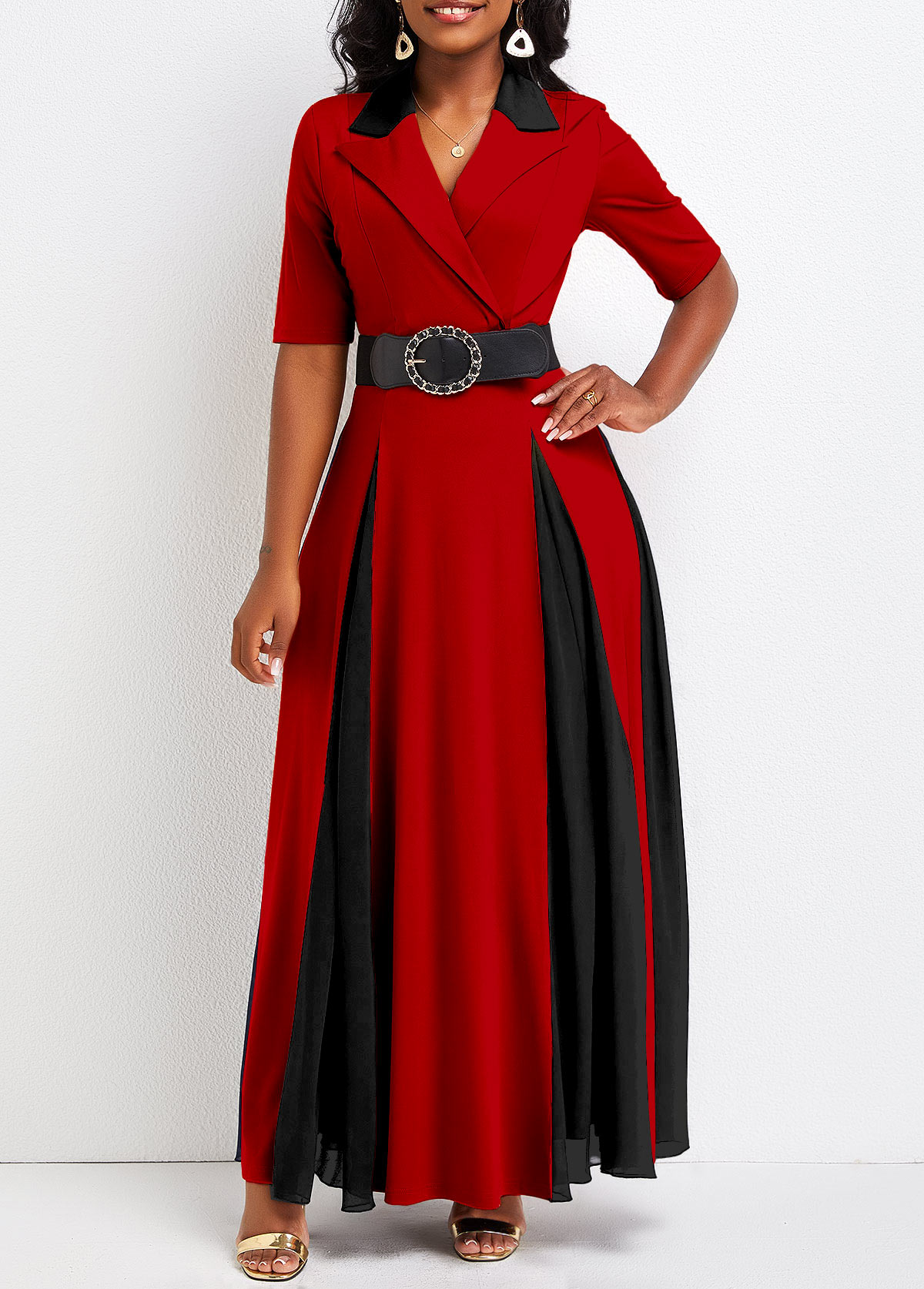 ROTITA Patchwork Red Lapel Half Sleeve Maxi Dress