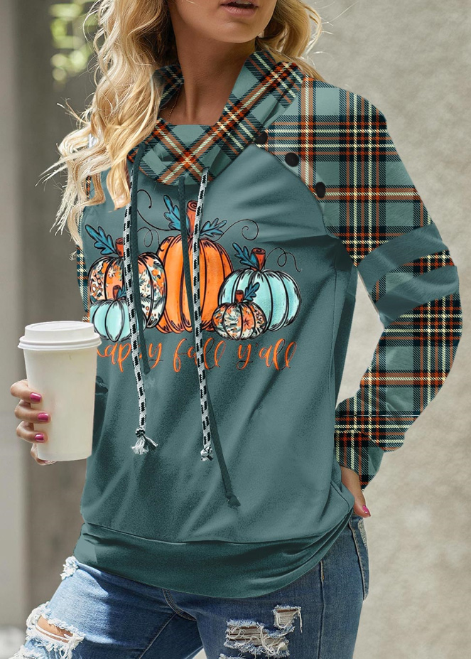 ROTITA Plus Size Patchwork Turquoise Plaid Cowl Neck Sweatshirt