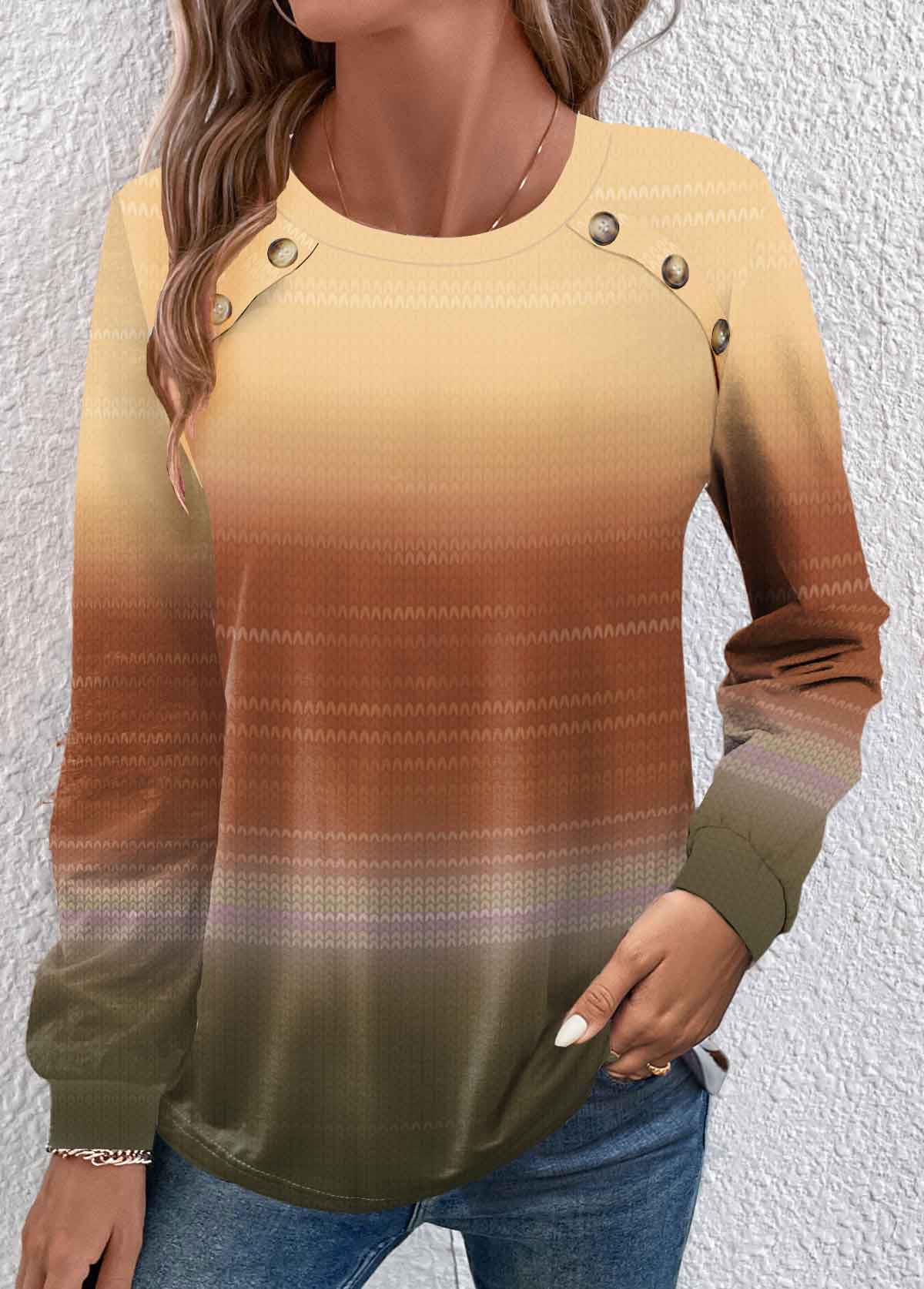 ROTITA Button Ombre Yellow Round Neck Long Sleeve T Shirt