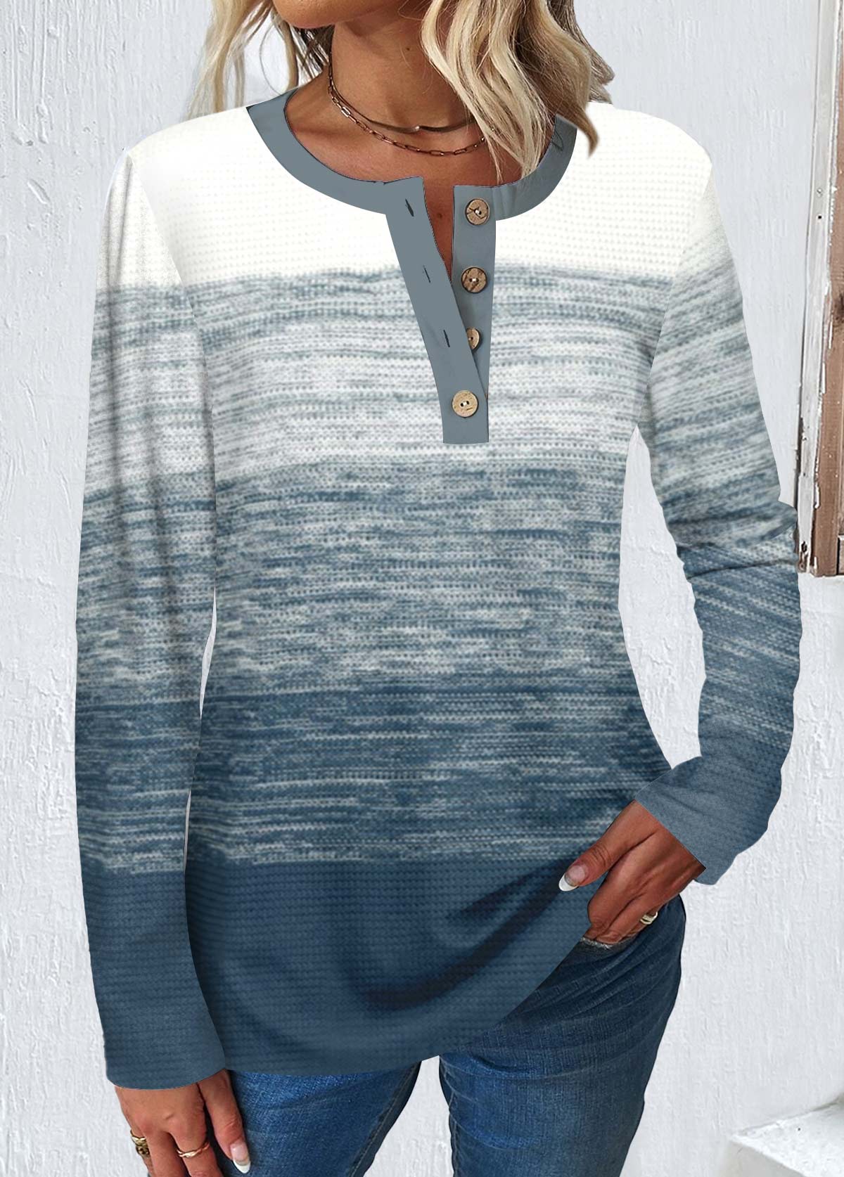 Dusty Blue tops,Contrast Color tops,Ombre tops,ROTITA Button Round Neck Long Sleeve Dusty Blue T Shirt