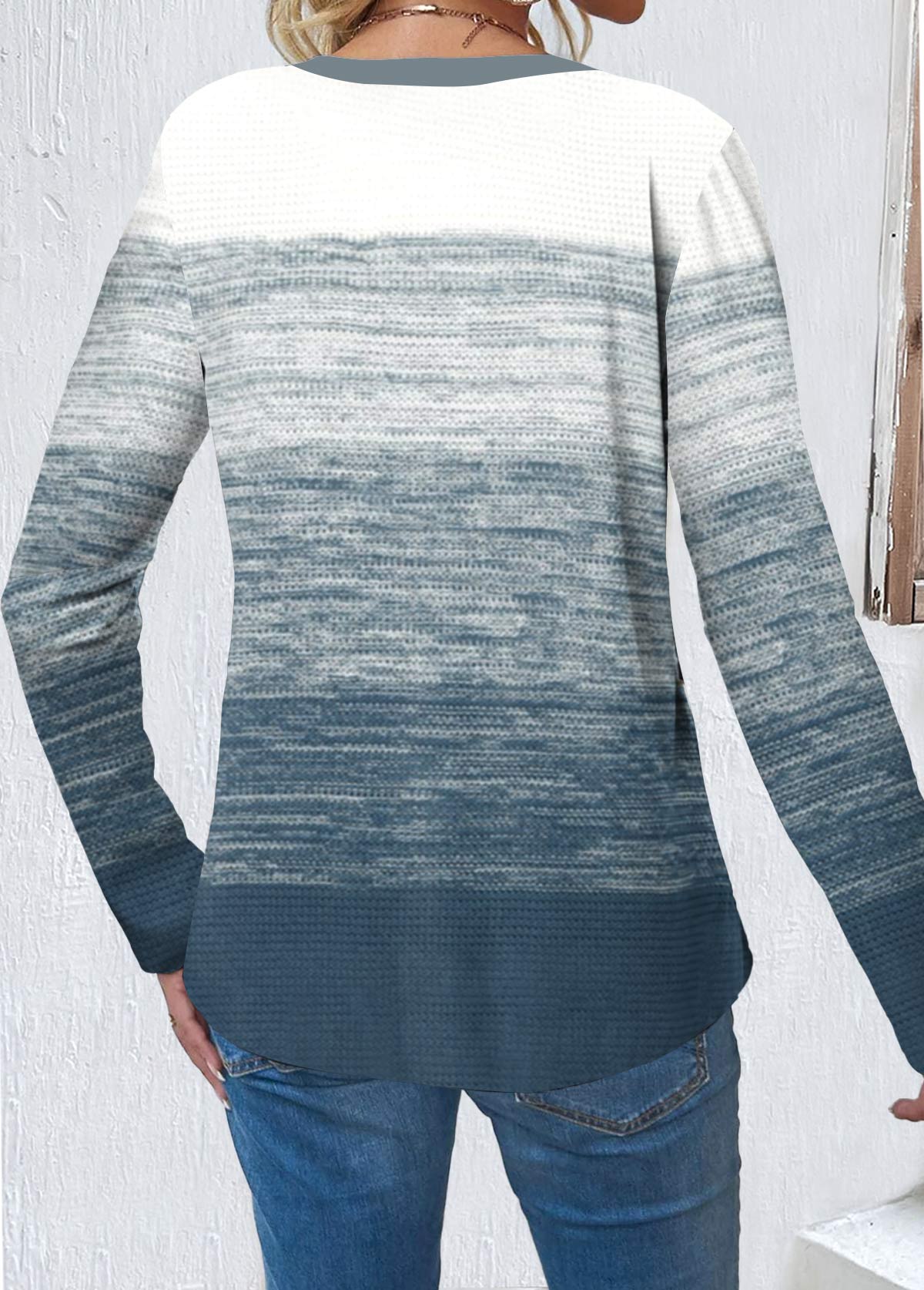 Dusty Blue tops,Contrast Color tops,Ombre tops,ROTITA Button Round Neck Long Sleeve Dusty Blue T Shirt