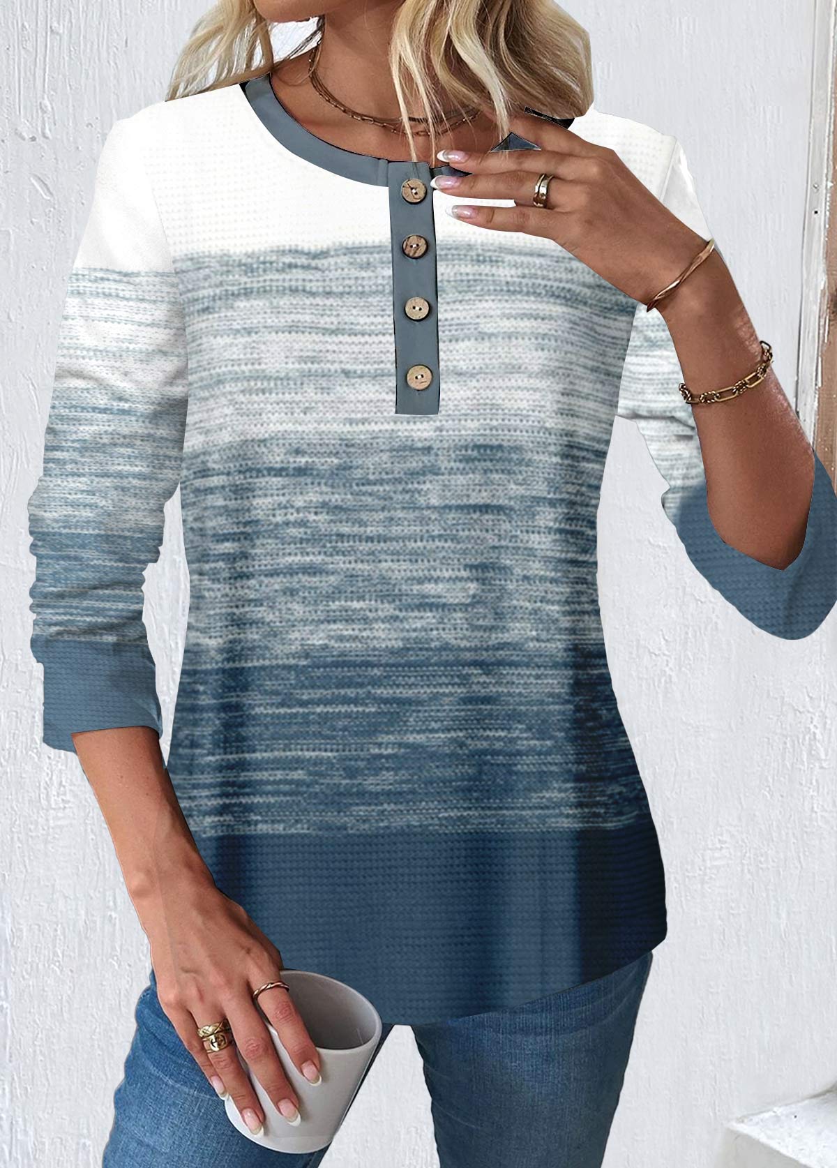 Dusty Blue tops,Contrast Color tops,Ombre tops,ROTITA Button Round Neck Long Sleeve Dusty Blue T Shirt
