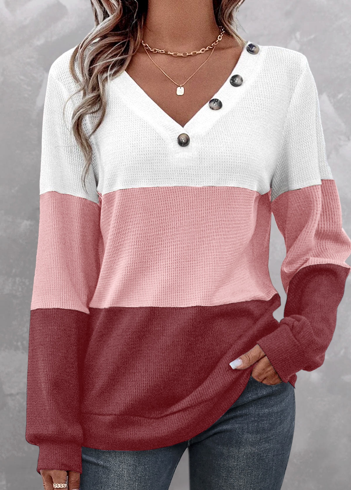 ROTITA Patchwork V Neck Long Sleeve Dusty Pink Sweatshirt