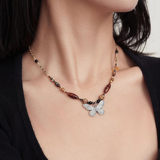 Silver Butterfly Design Alloy Detail Necklace