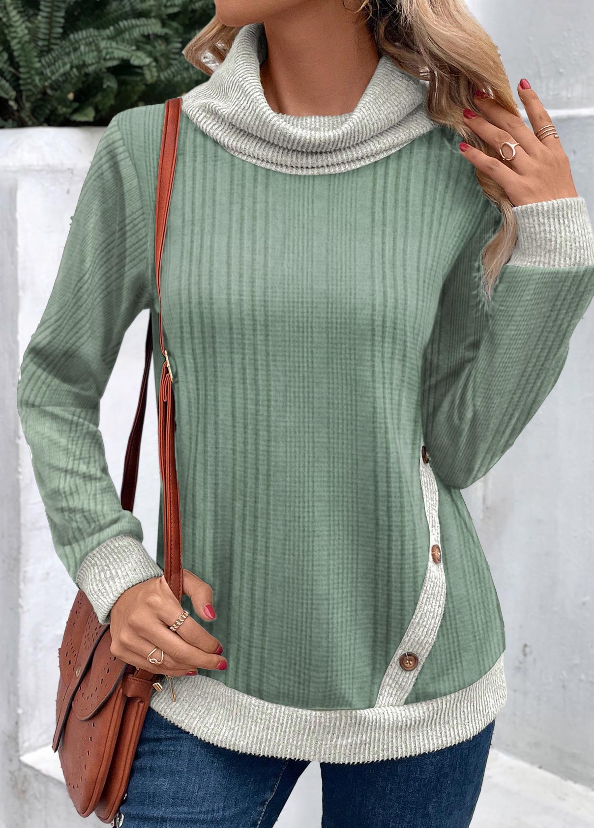 ROTITA Sage Green Cowl Neck Long Sleeve Patchwork Sweatshirt