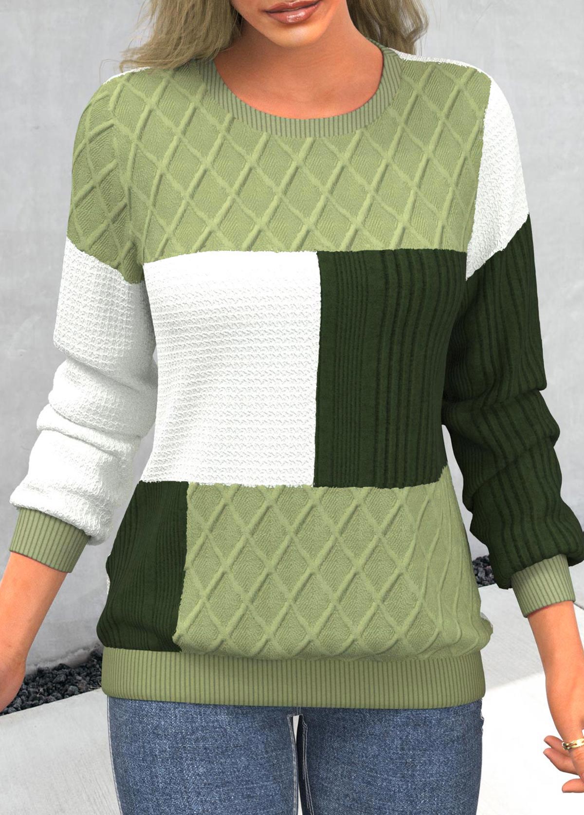 ROTITA Light Green Round Neck Patchwork Long Sleeve Sweatshirt