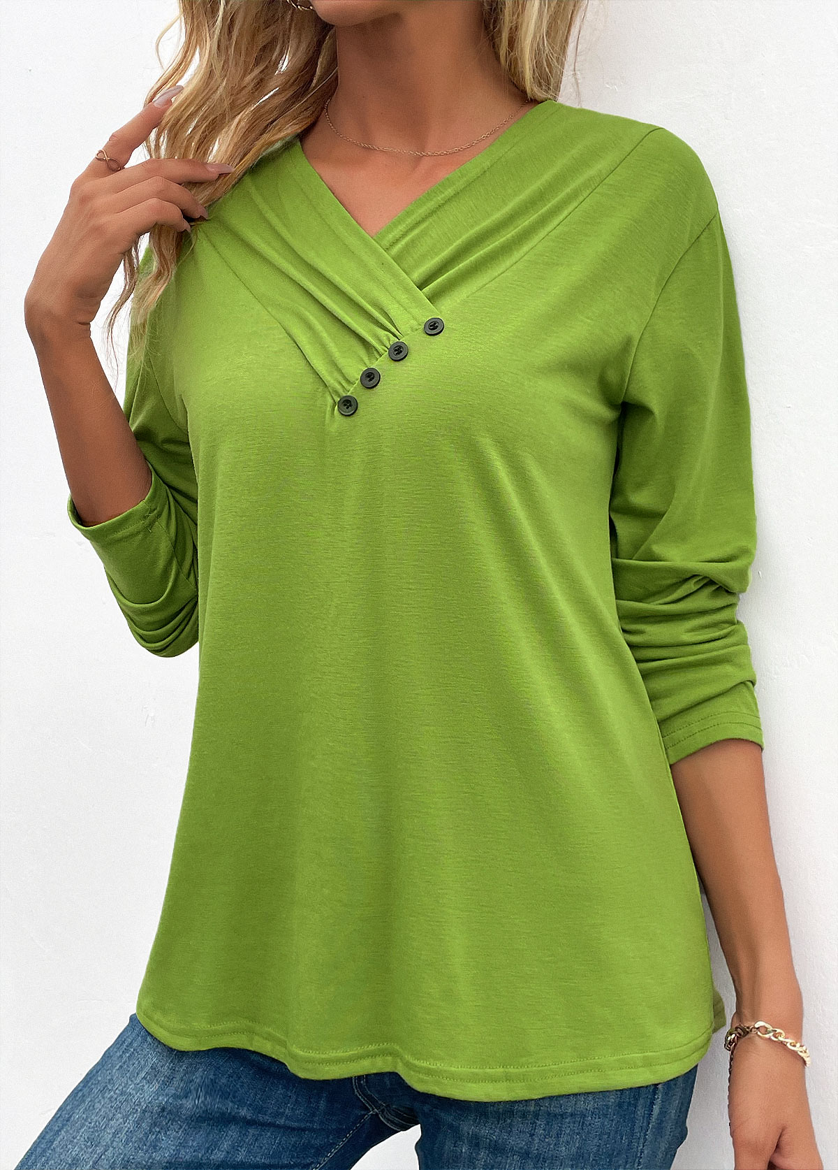 Button Grass Green V Neck Long Sleeve T Shirt