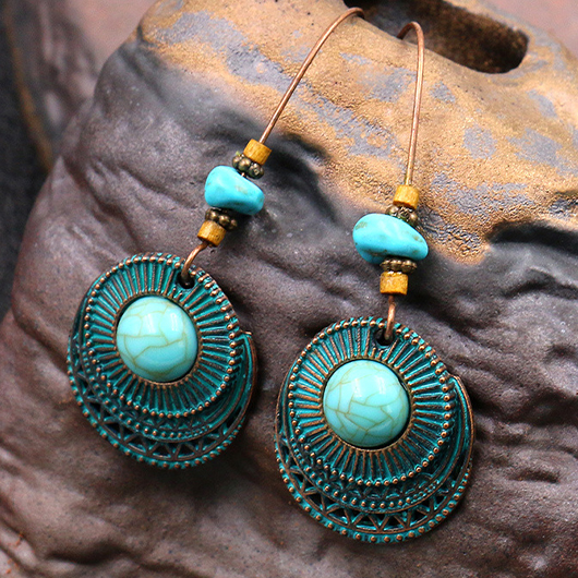 Round Turquoise Alloy Detail Patchwork Earrings