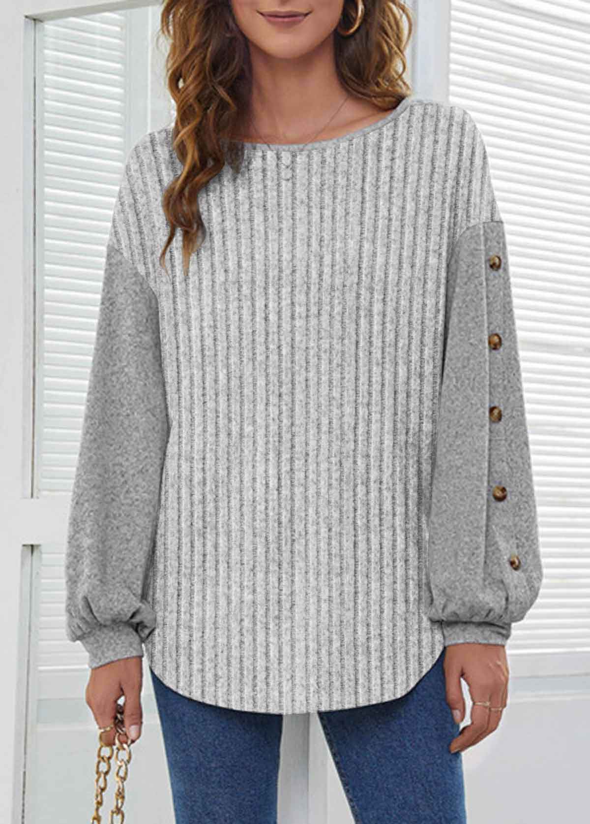 ROTITA Button Grey Round Neck Long Sleeve Sweatshirt