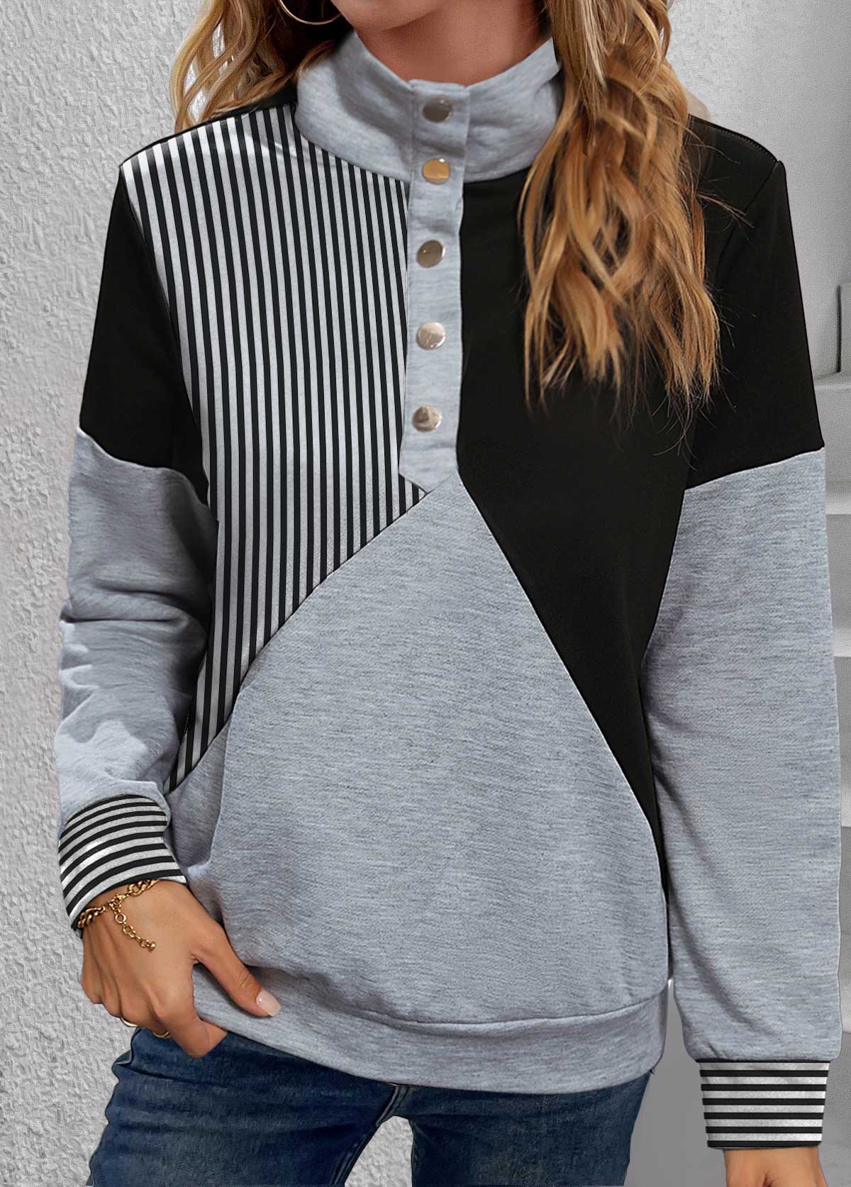 ROTITA Snap Button Striped Black Turtleneck Long Sleeve Sweatshirt