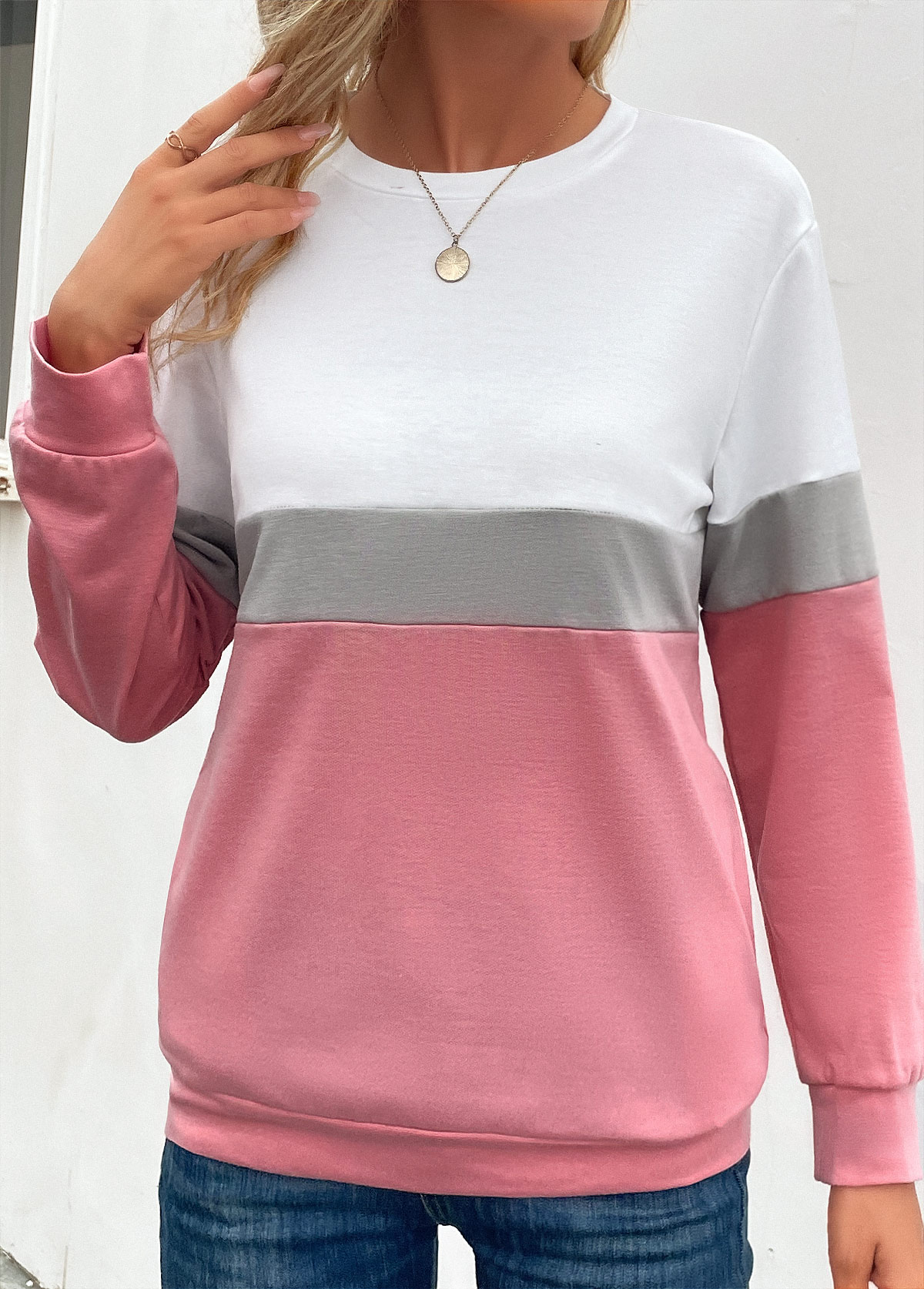 Patchwork Pink Round Neck Long Sleeve Sweatshirt