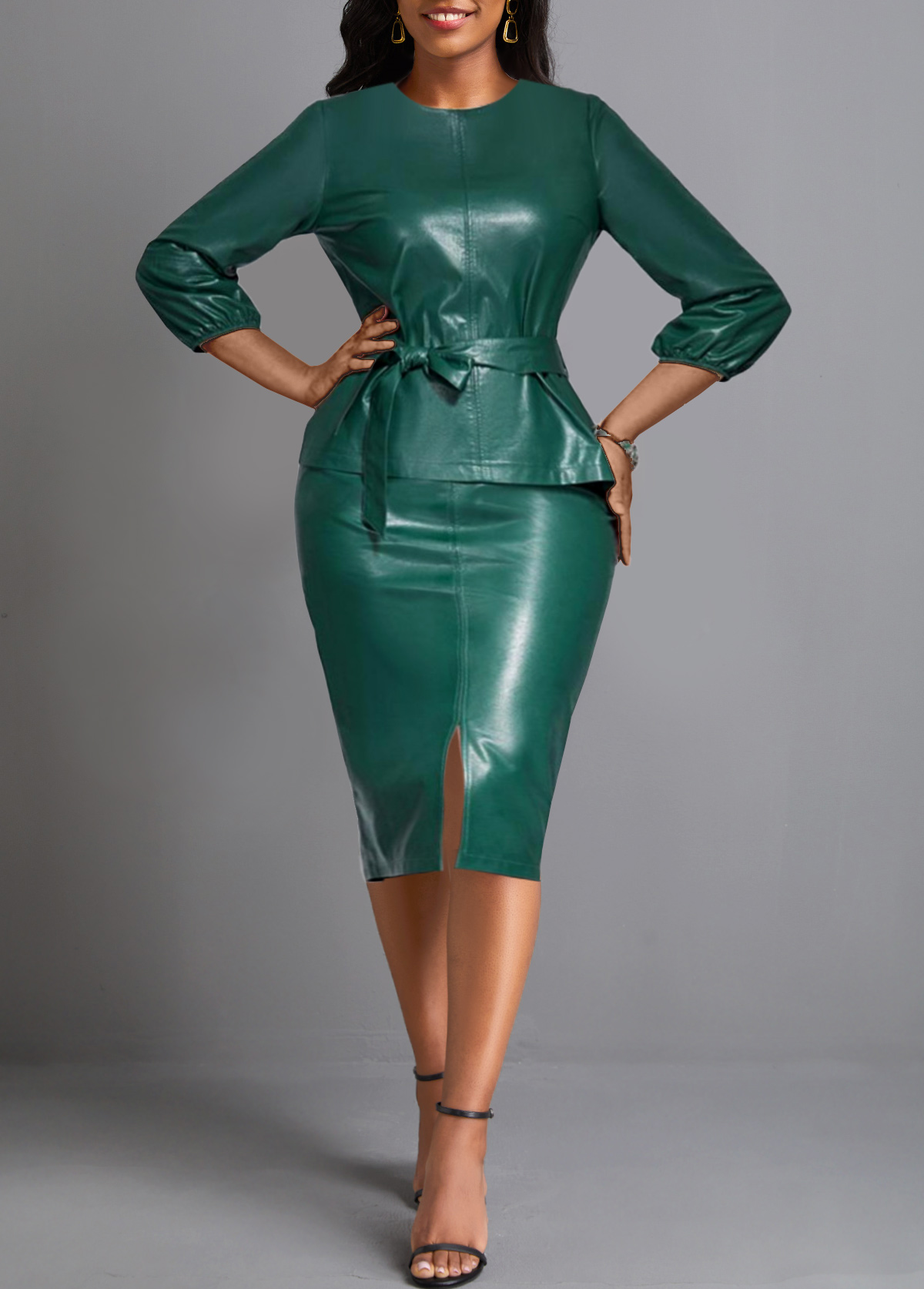 ROTITA Faux Leather Blackish Green Belted Round Neck Bodycon Dress