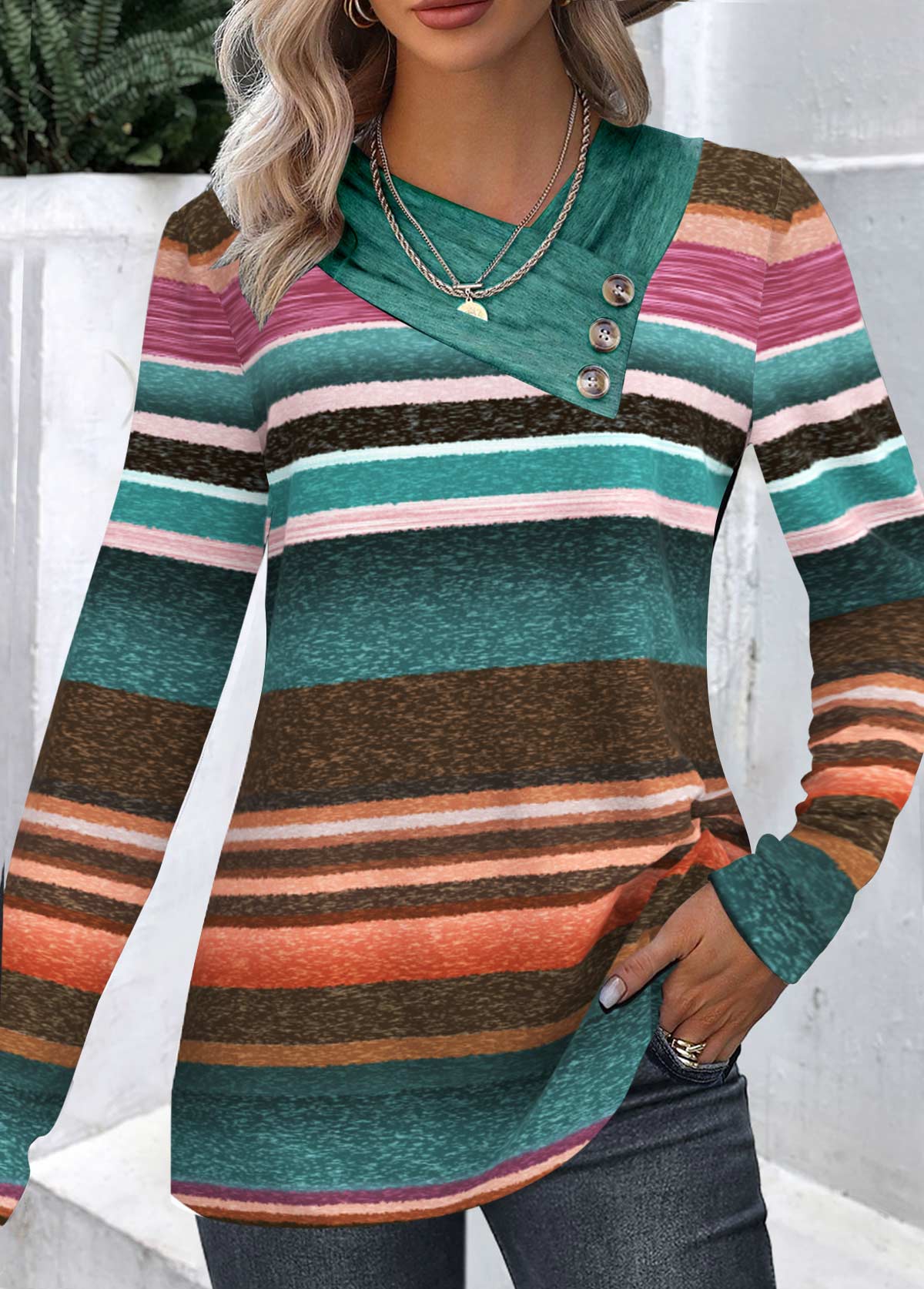 ROTITA Patchwork Striped Multi Color Asymmetrical Neck Long Sleeve Sweatshirt